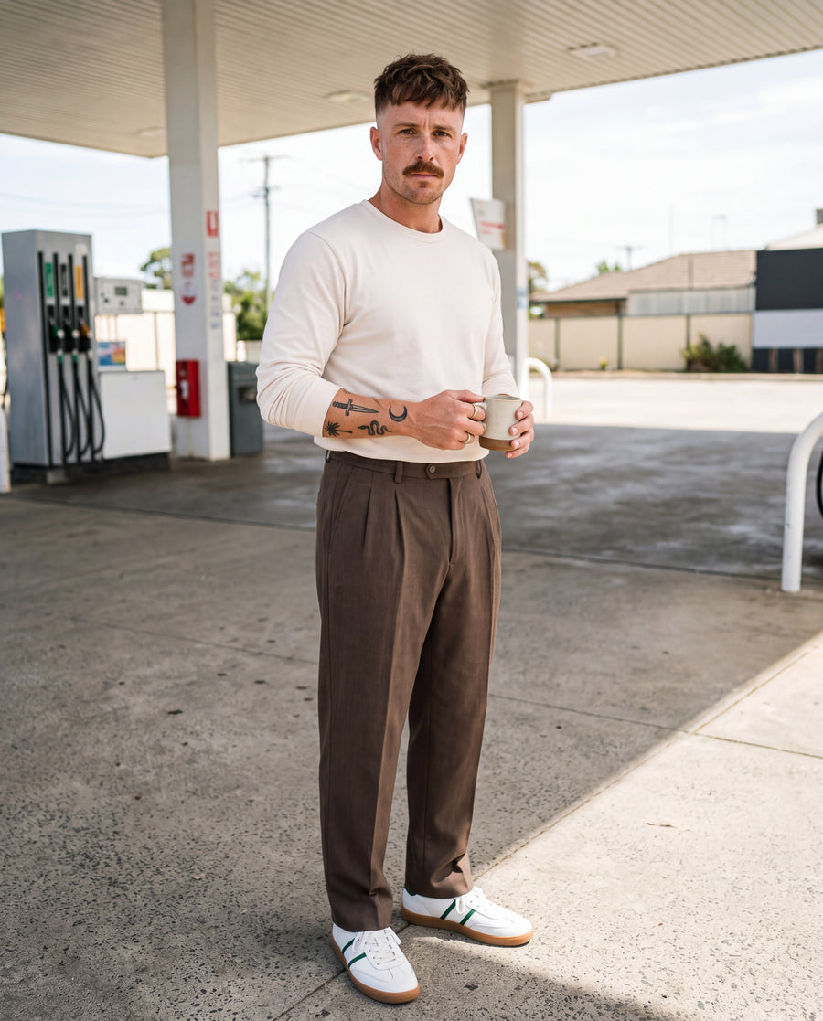 Pleated Heathered Wide-Leg Trousers - Coffee