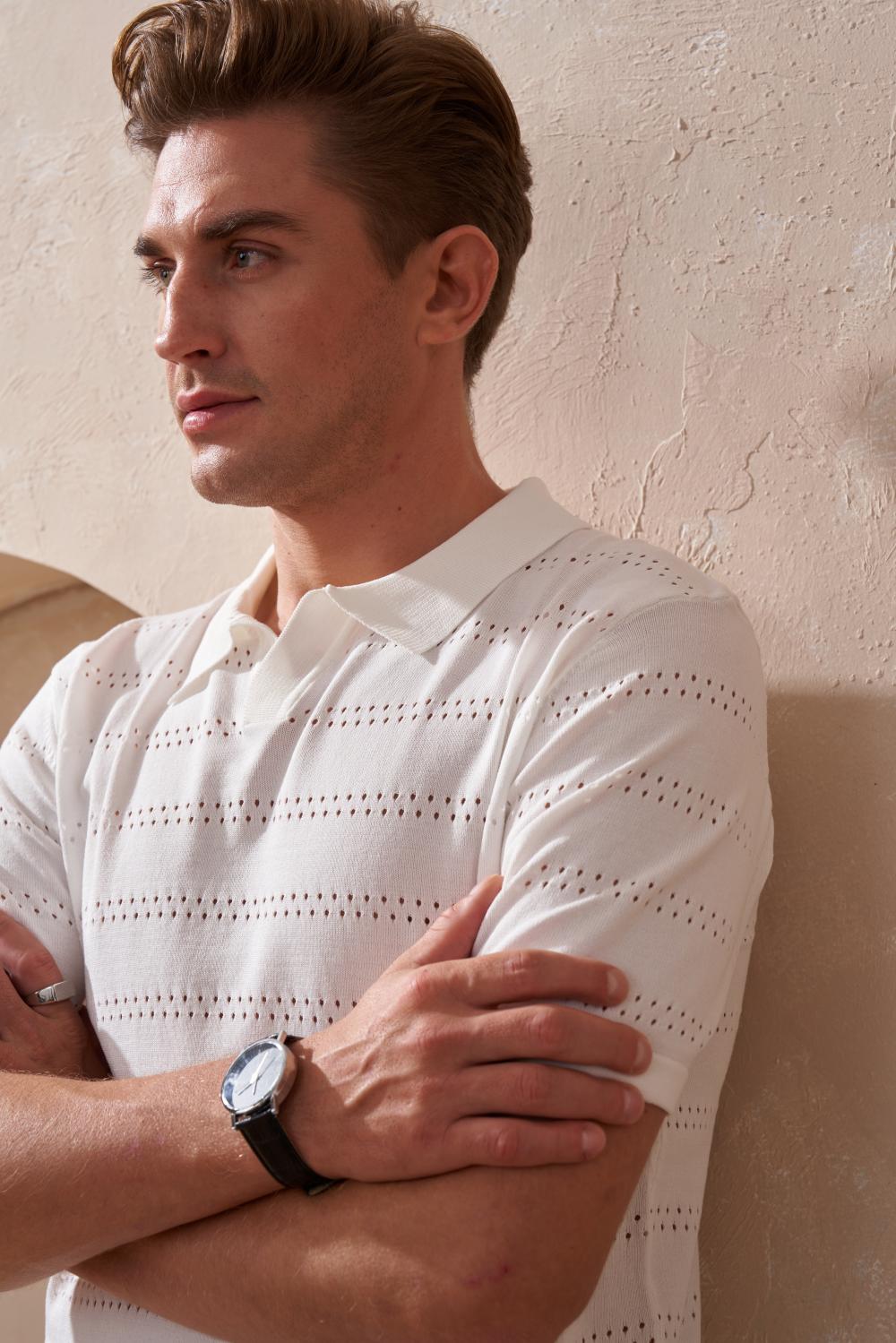 Open-Stitch Knit Polo - White