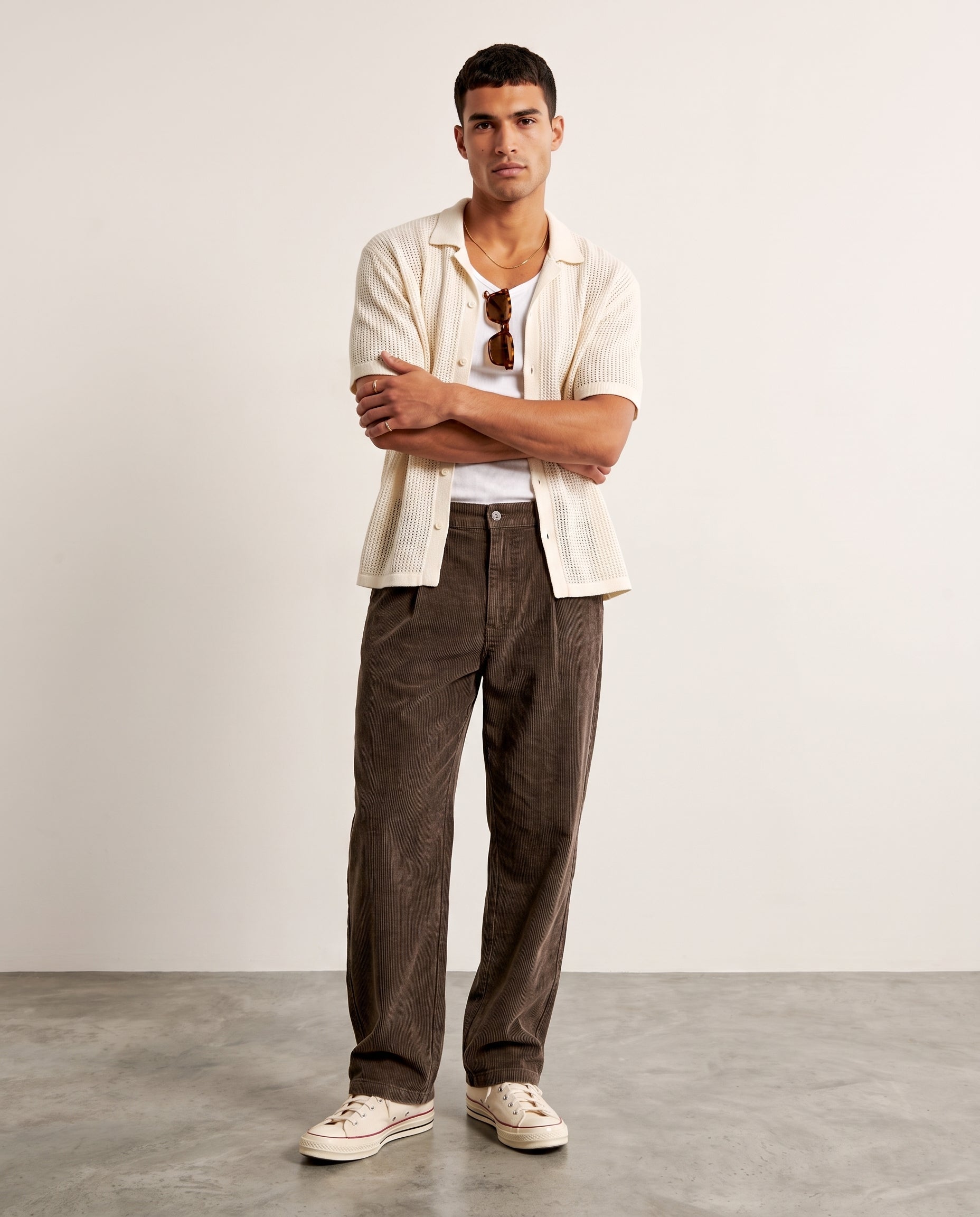 Washed Corduroy Wide-Leg Trousers - Coffee