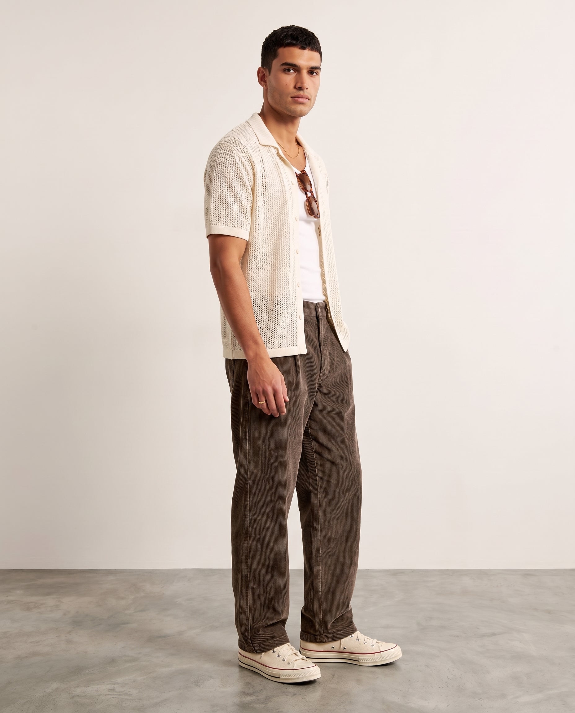 Washed Corduroy Wide-Leg Trousers - Coffee