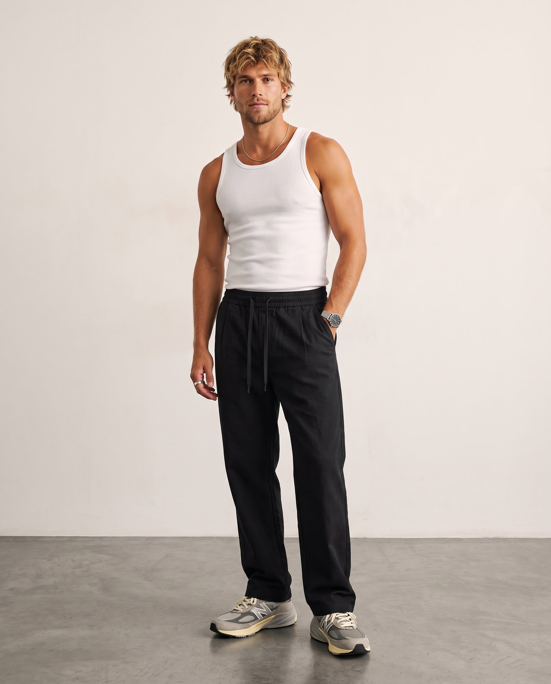 Textured Drawstring Straight-Leg Trousers - Black