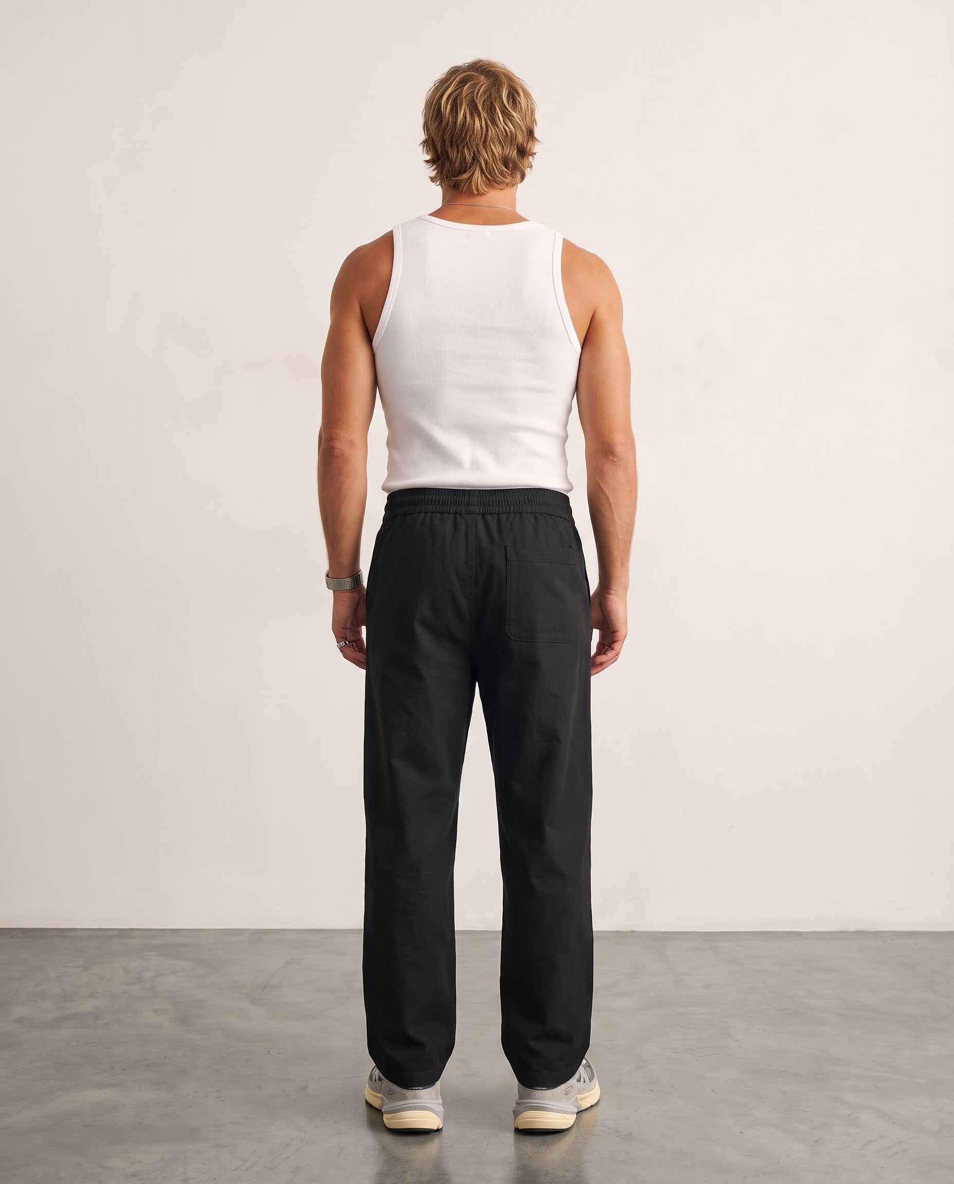 Textured Drawstring Straight-Leg Trousers - Black