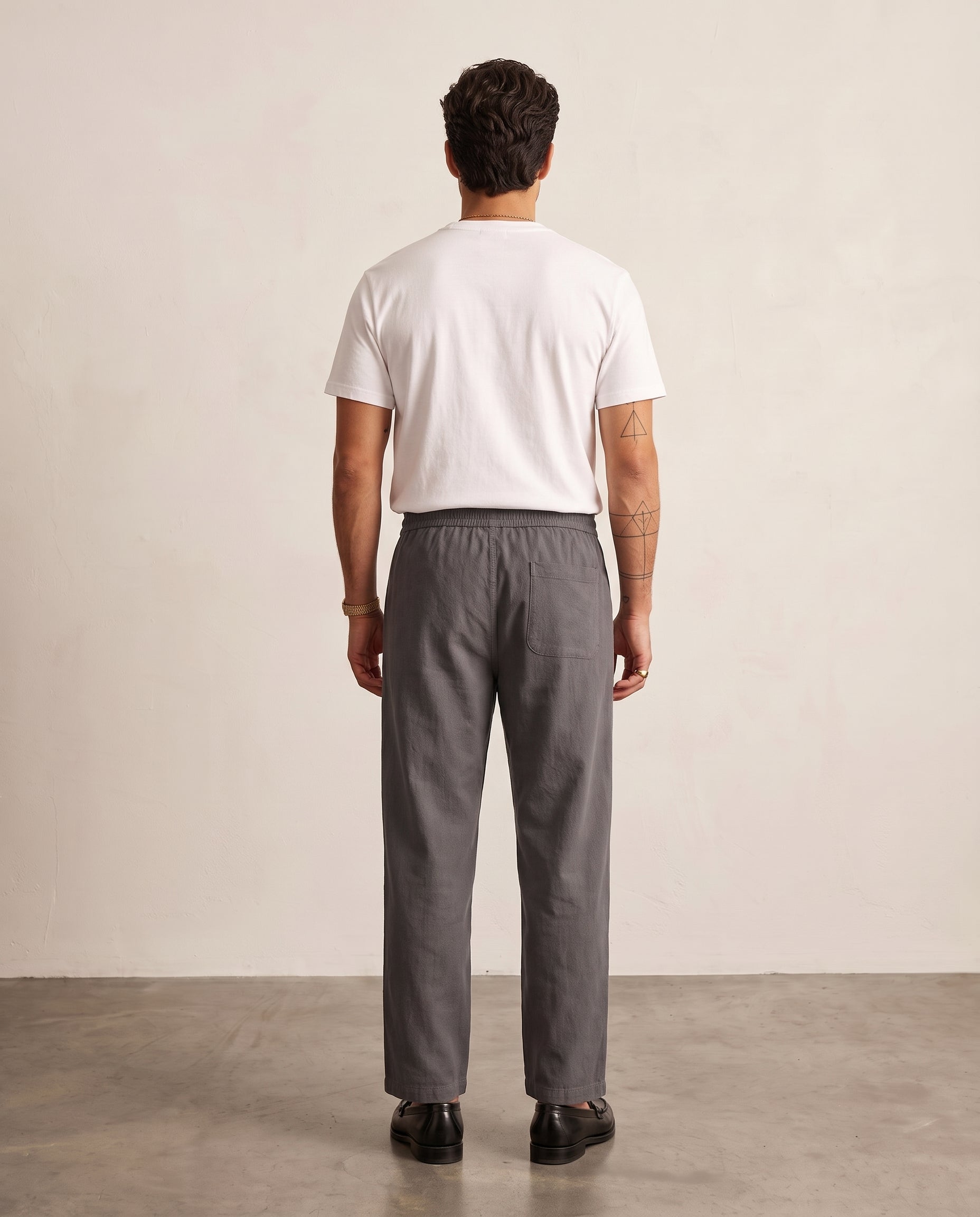 Textured Drawstring Straight-Leg Trousers - Dark Grey