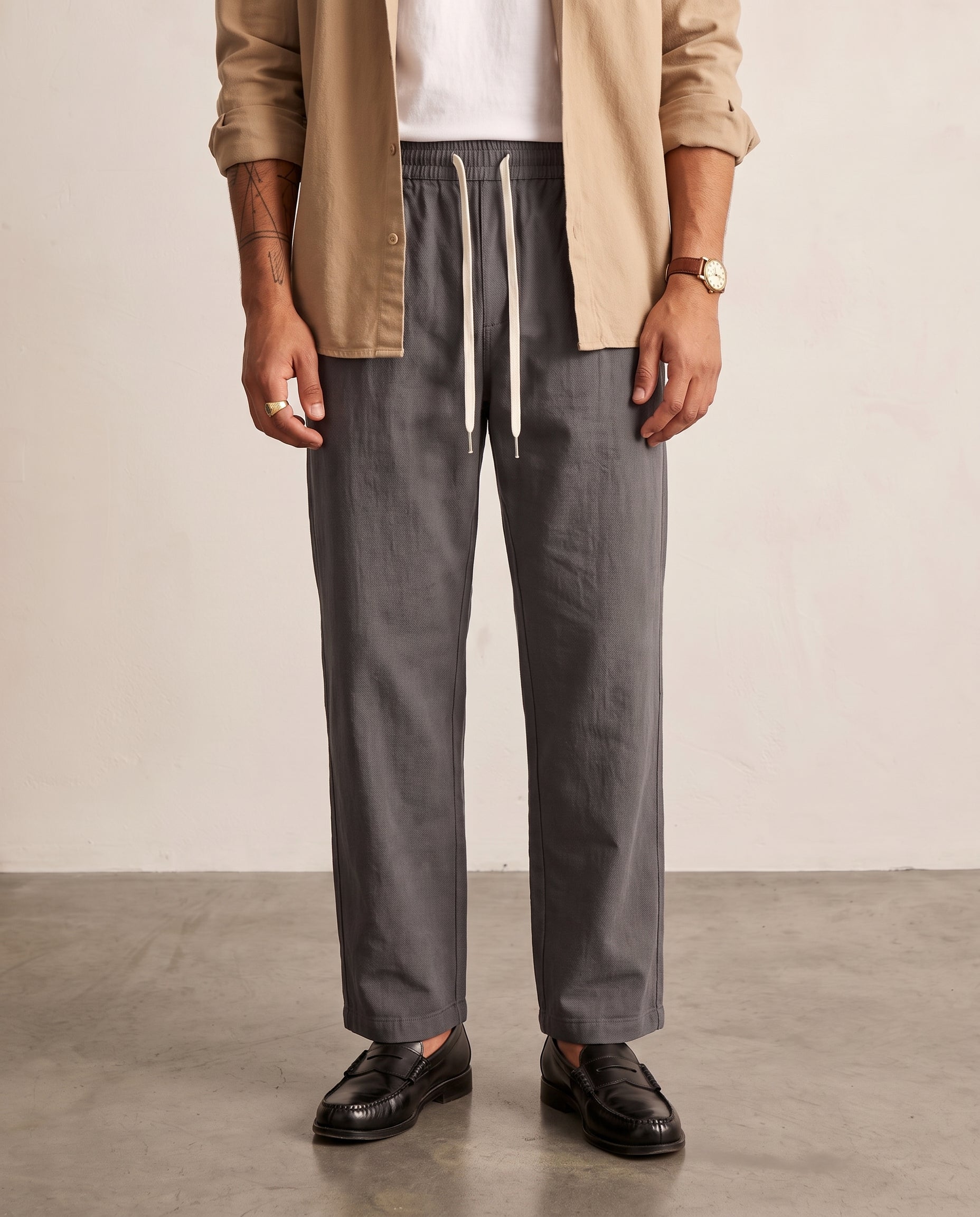 Textured Drawstring Straight-Leg Trousers - Dark Grey