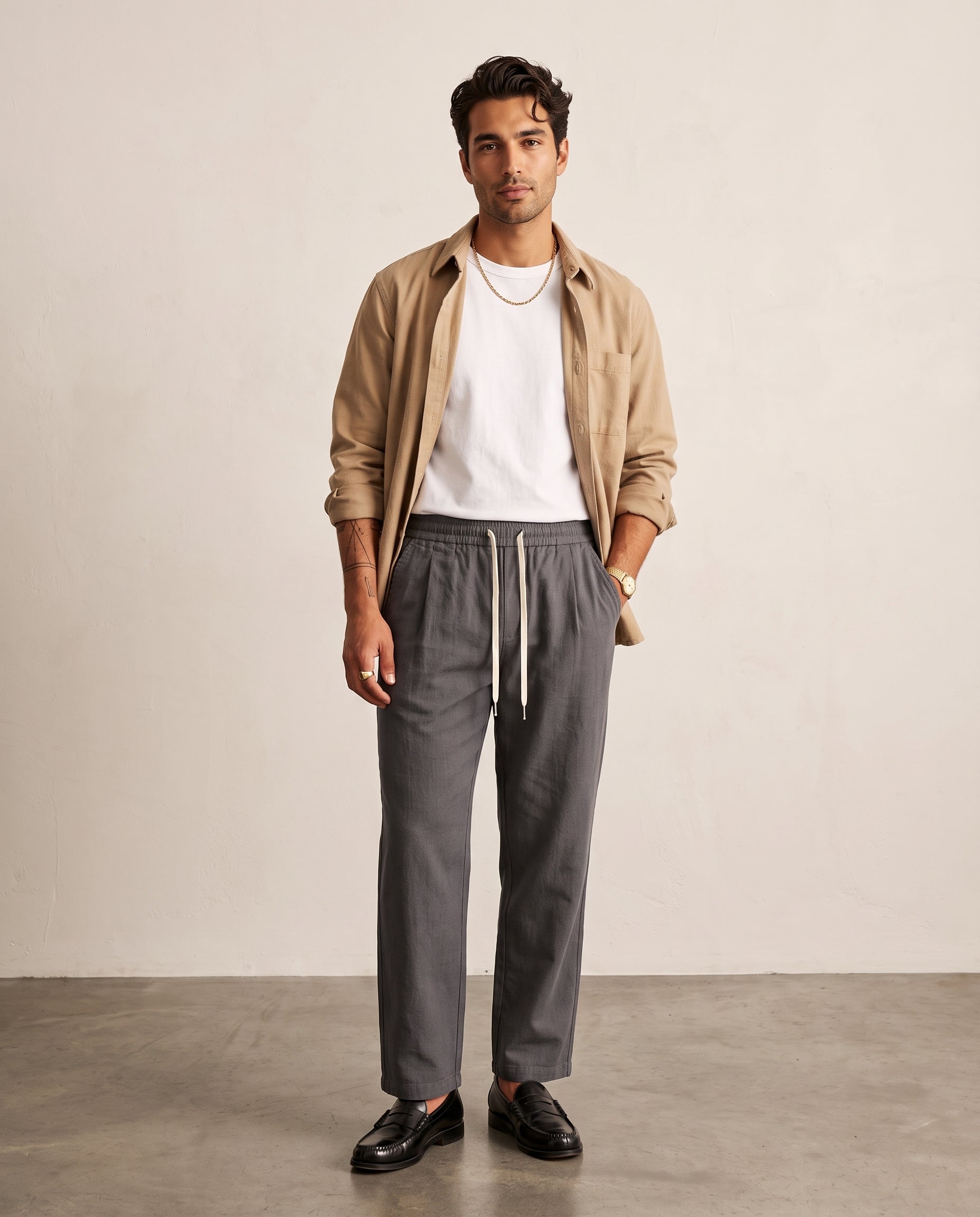 Textured Drawstring Straight-Leg Trousers - Dark Grey