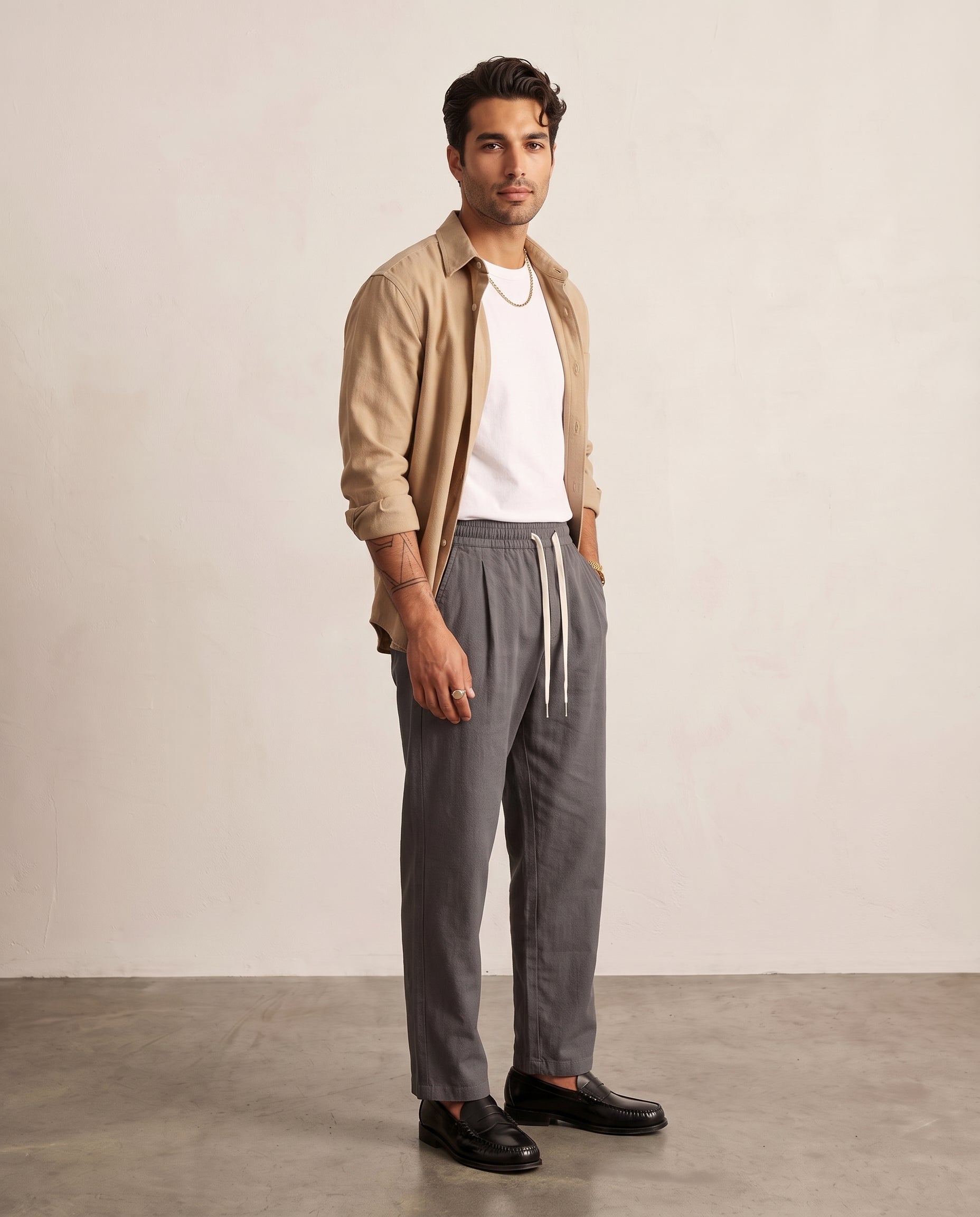 Textured Drawstring Straight-Leg Trousers - Dark Grey