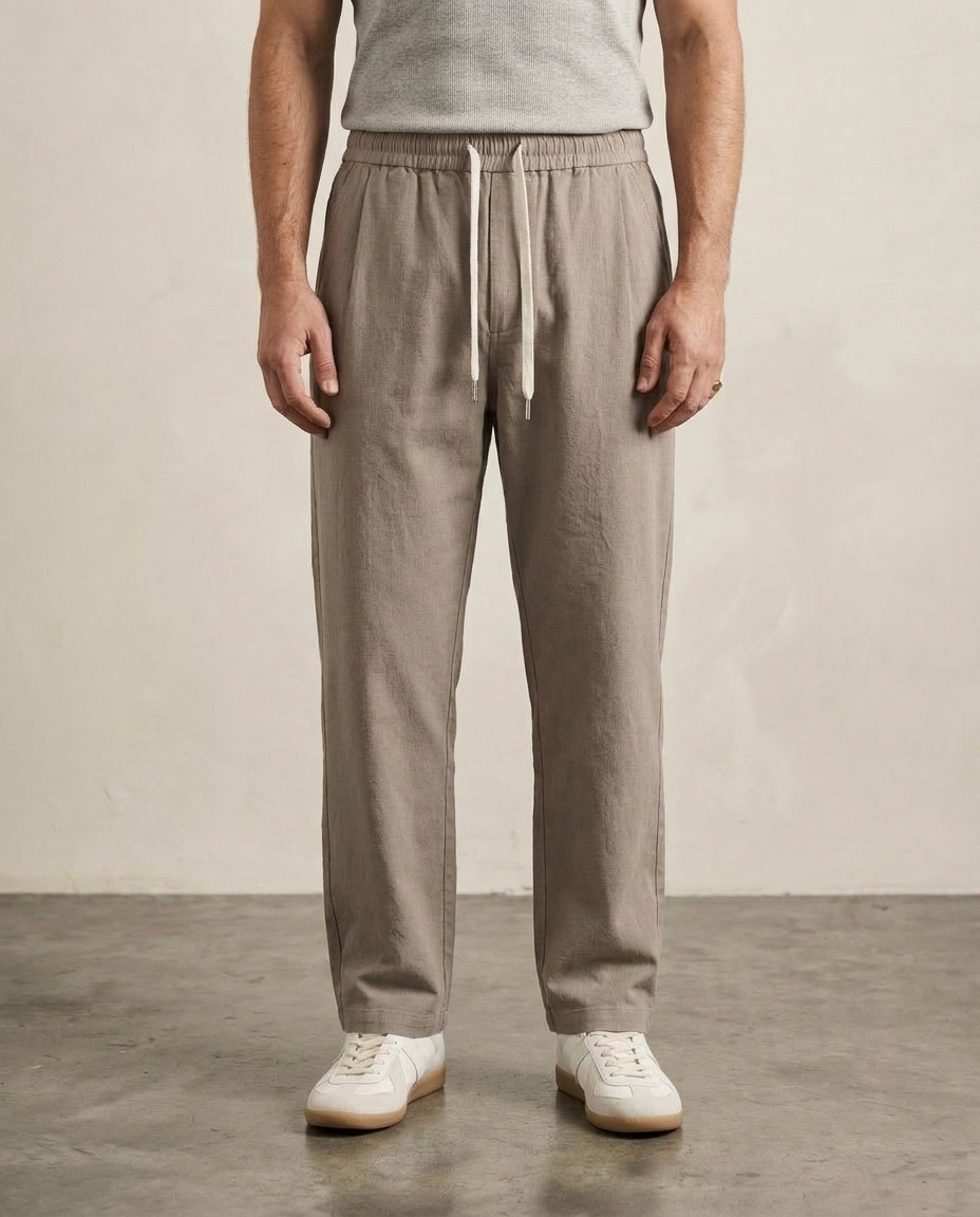 Textured Drawstring Straight-Leg Trousers - Khaki