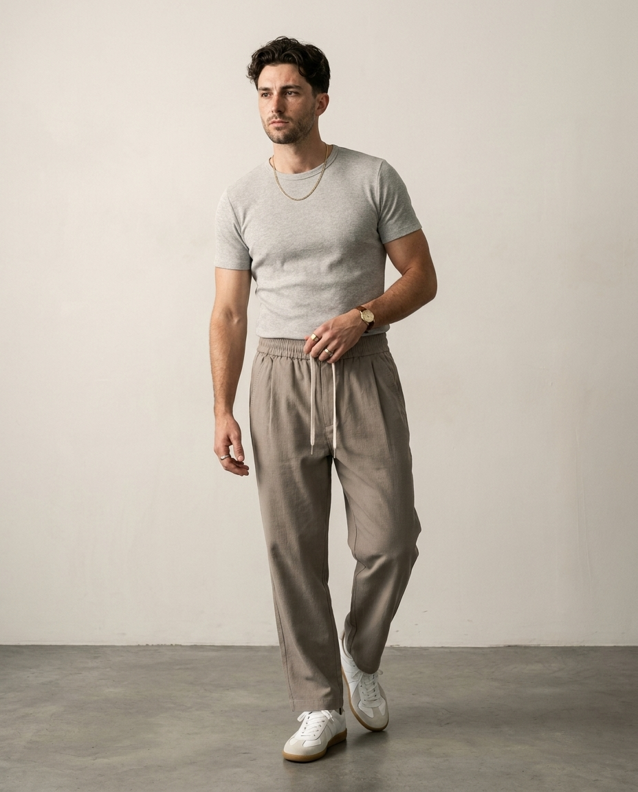 Textured Drawstring Straight-Leg Trousers - Khaki