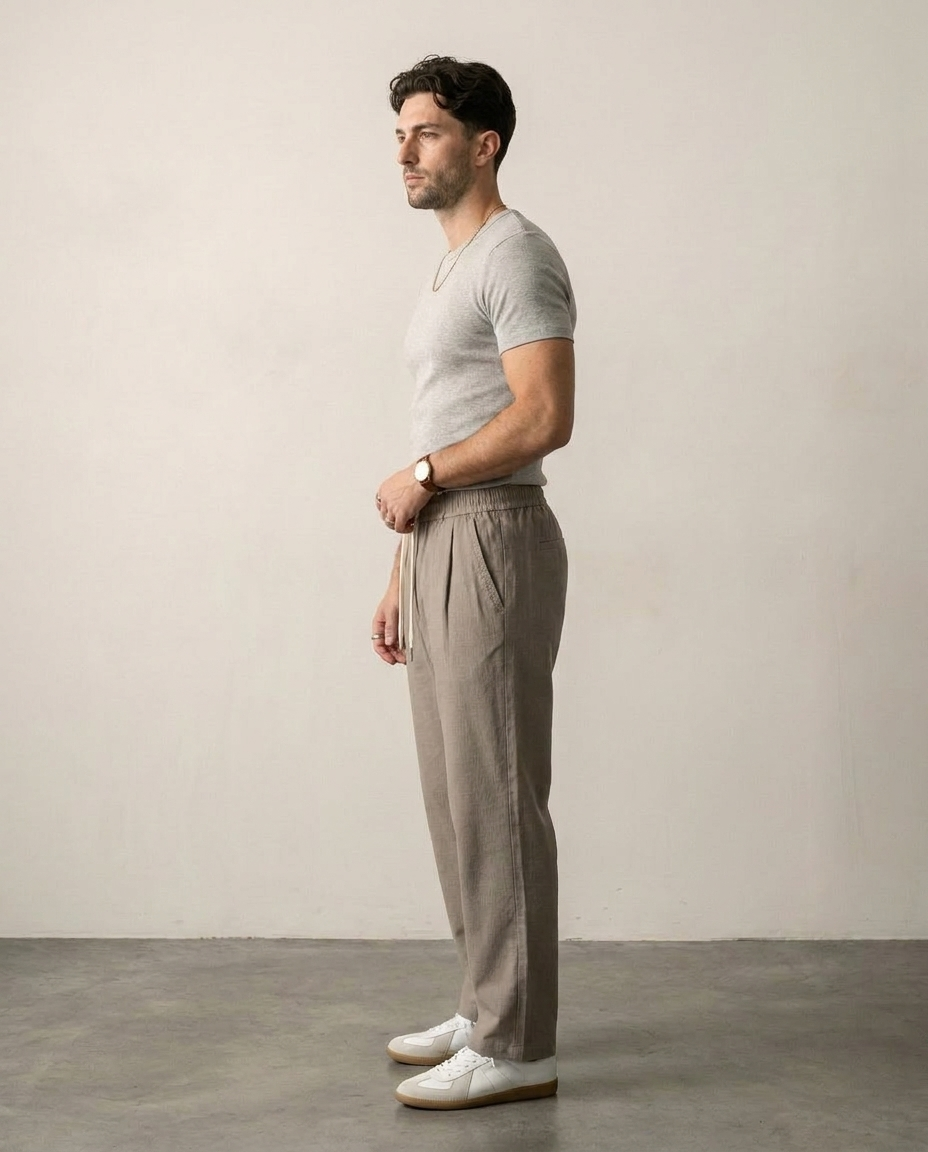 Textured Drawstring Straight-Leg Trousers - Khaki