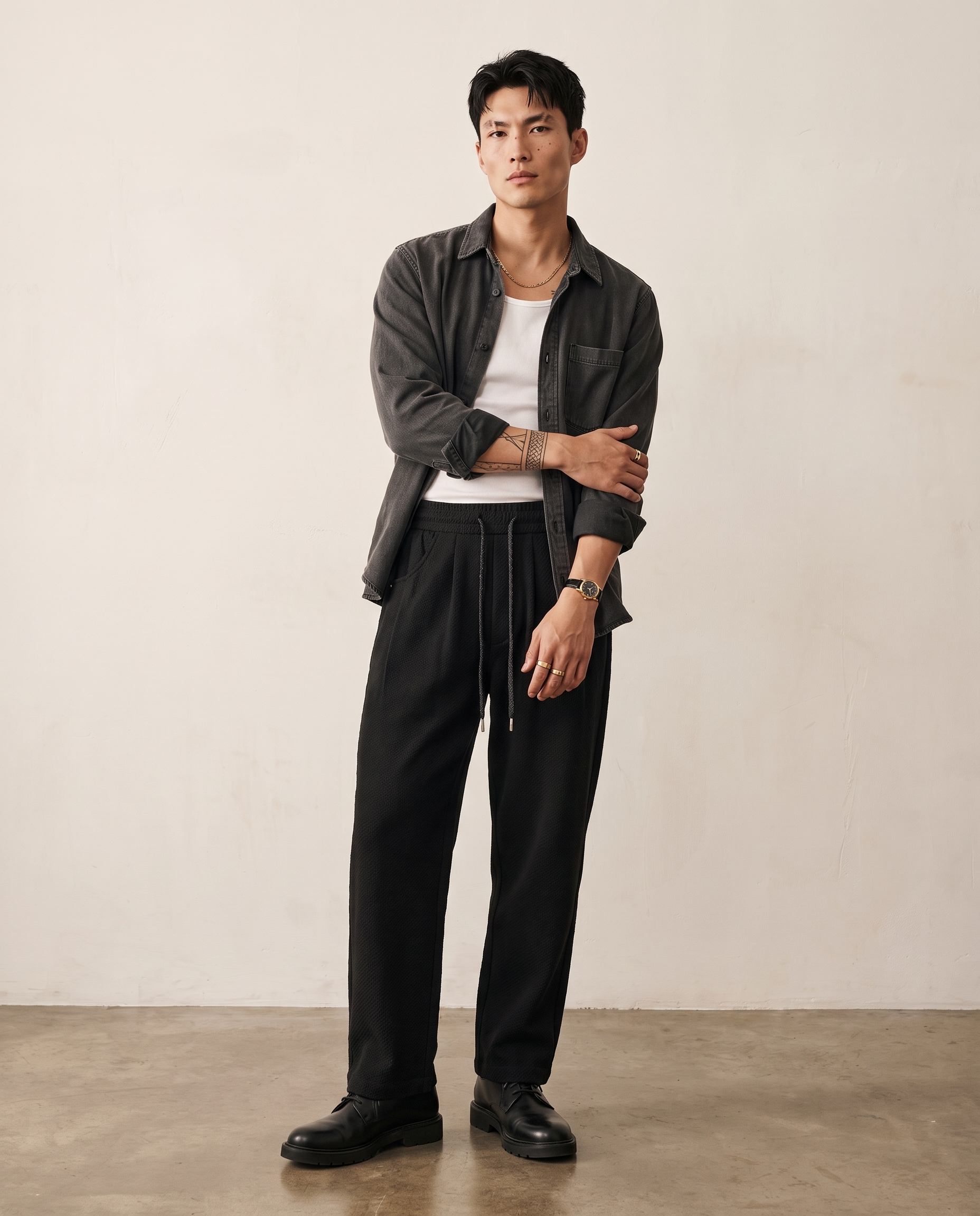 Washed Drawcord Straight-Leg Trousers - Black