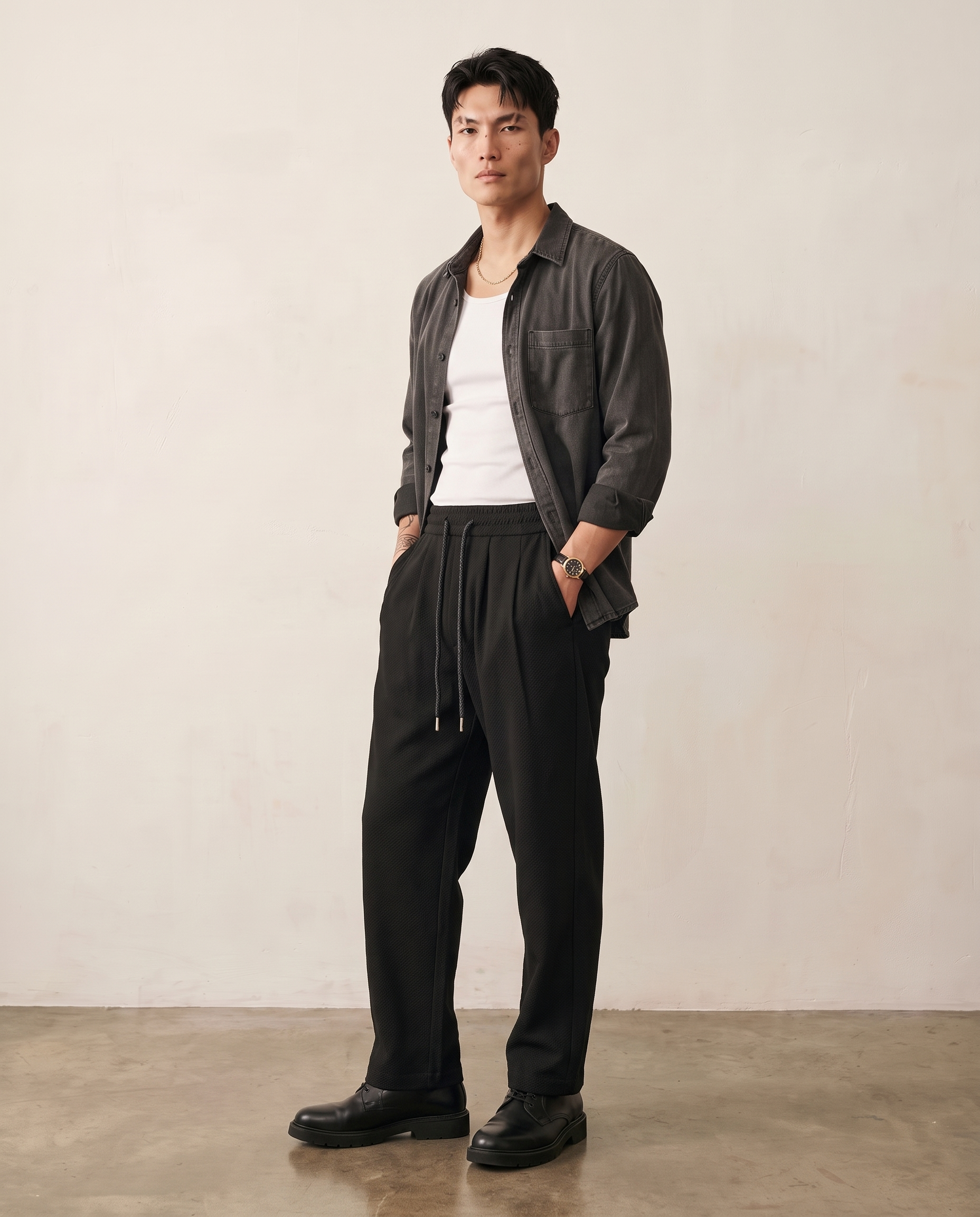 Washed Drawcord Straight-Leg Trousers - Black