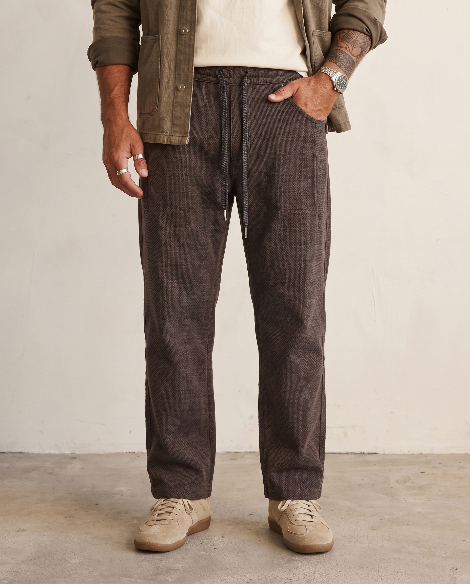Washed Drawcord Straight-Leg Trousers - Coffee