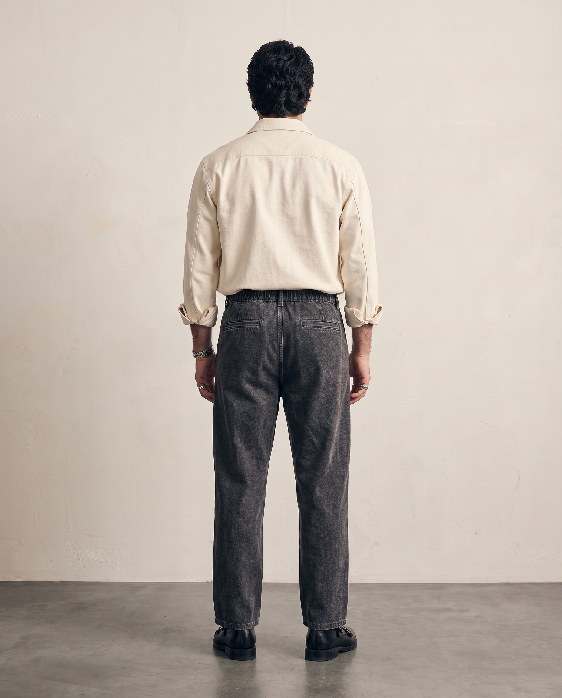 Hipland Washed Cotton Straight-Leg Trousers Black back