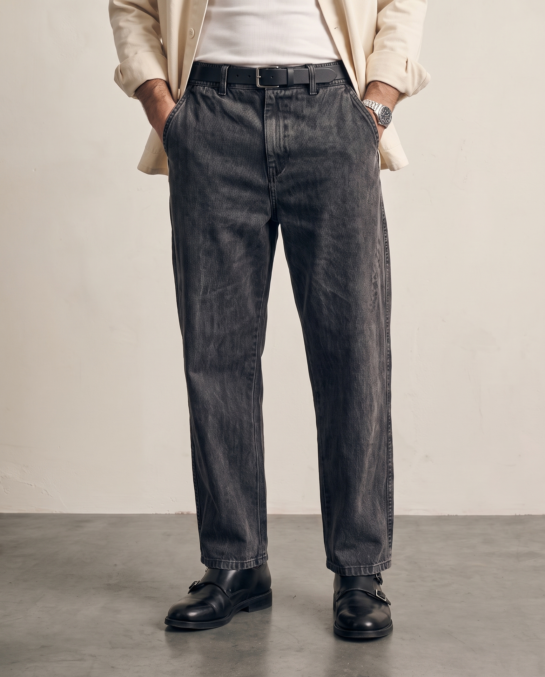 Washed Cotton Straight-Leg Trousers - Black