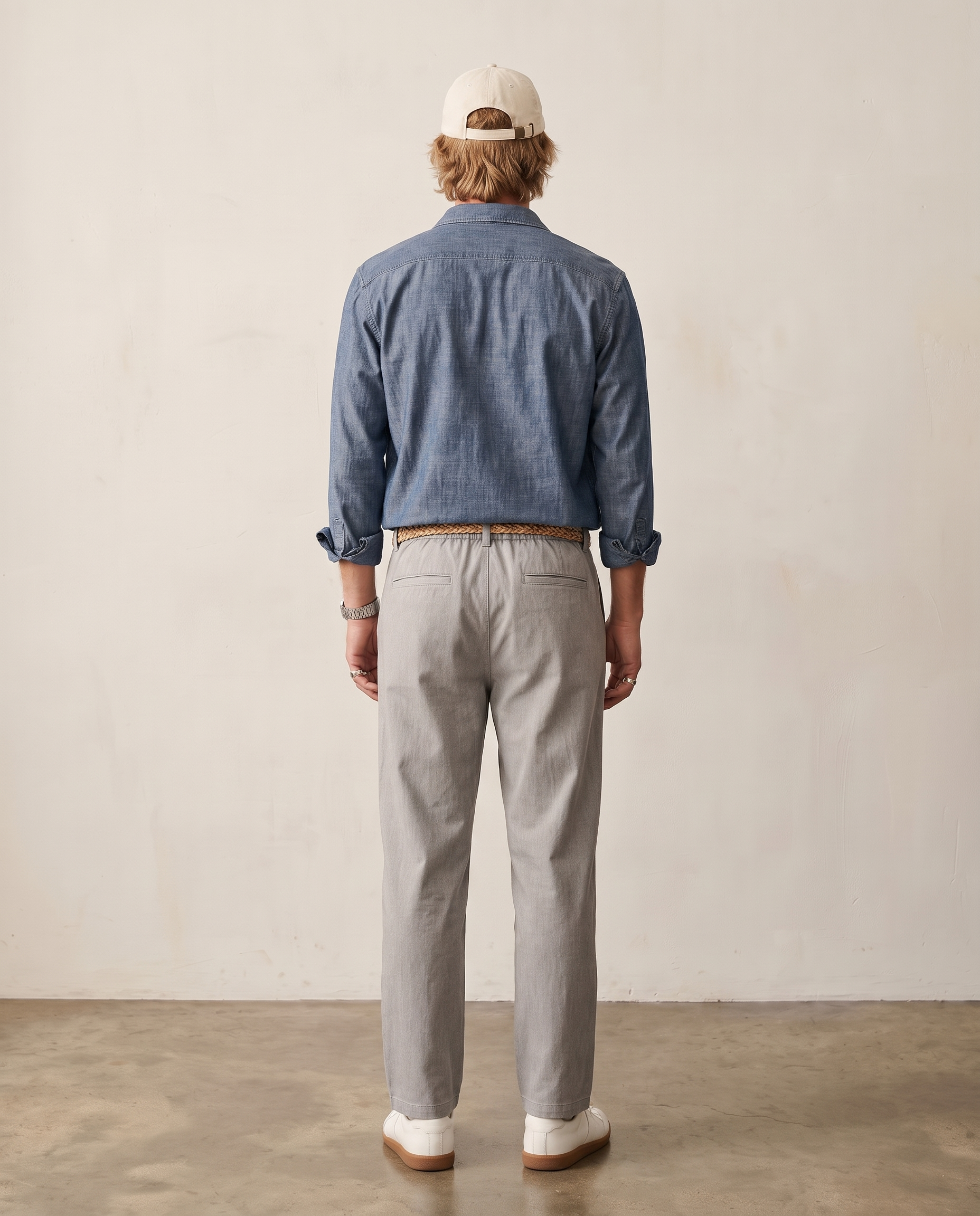 Hipland Washed Cotton Straight-Leg Trousers Light Grey back