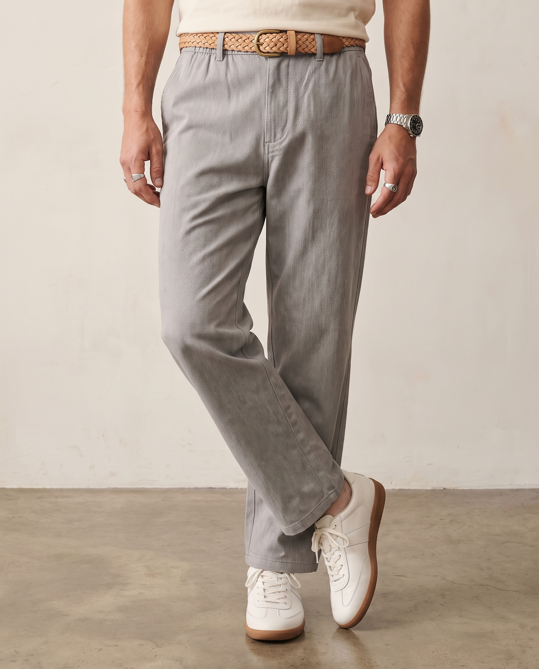 Hipland Washed Cotton Straight-Leg Trousers Light Grey front