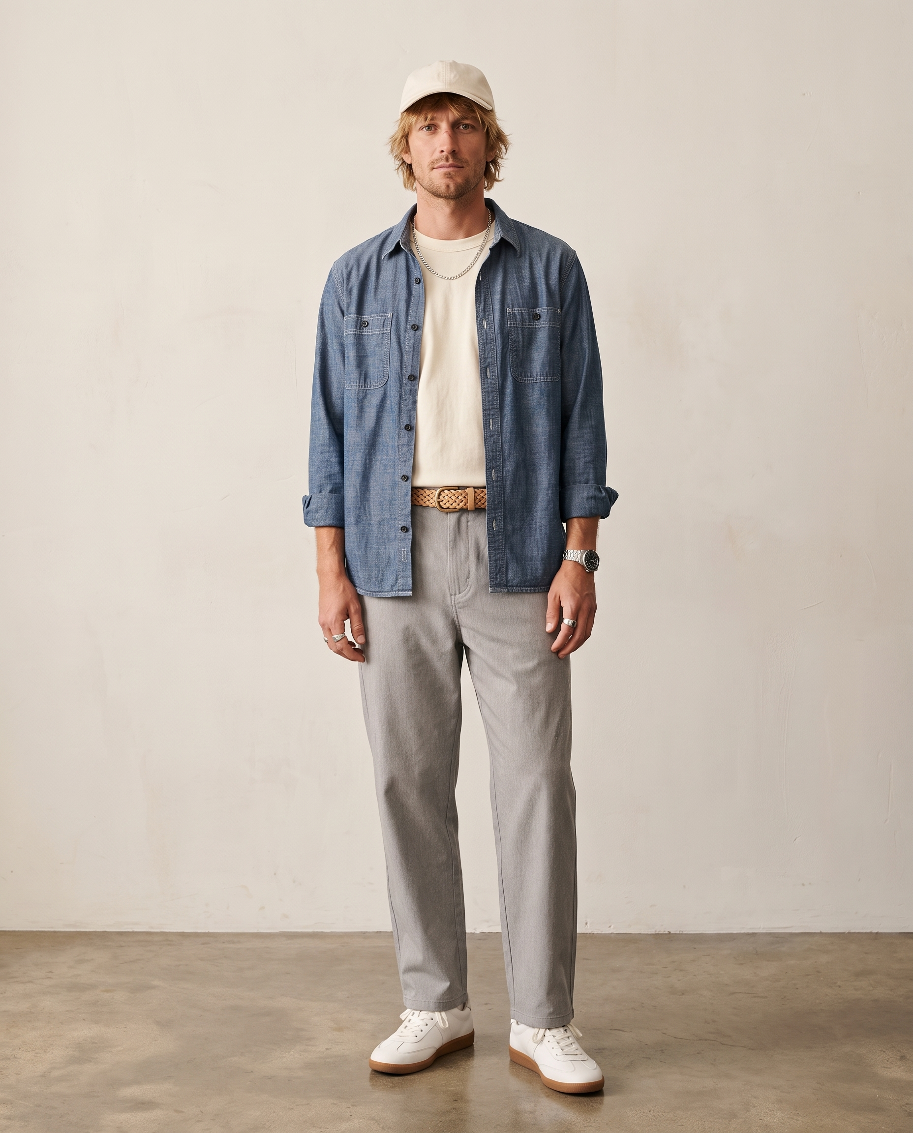 Hipland Washed Cotton Straight-Leg Trousers Light Grey front