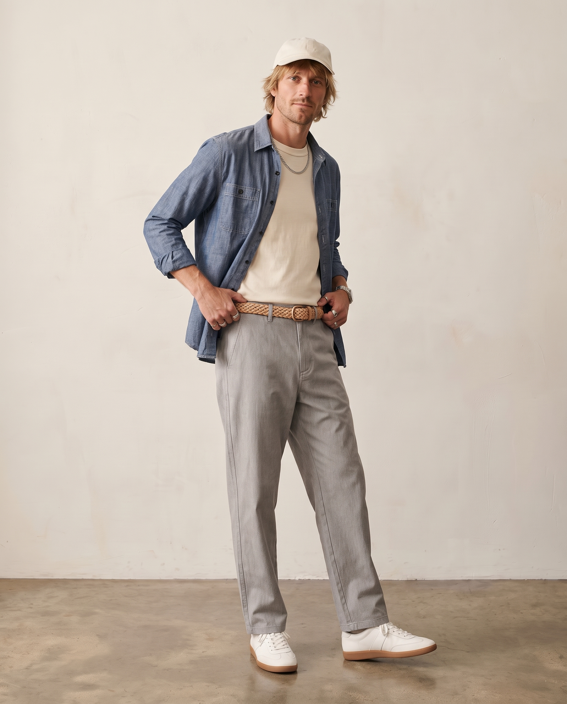 Washed Cotton Straight-Leg Trousers - Light Grey