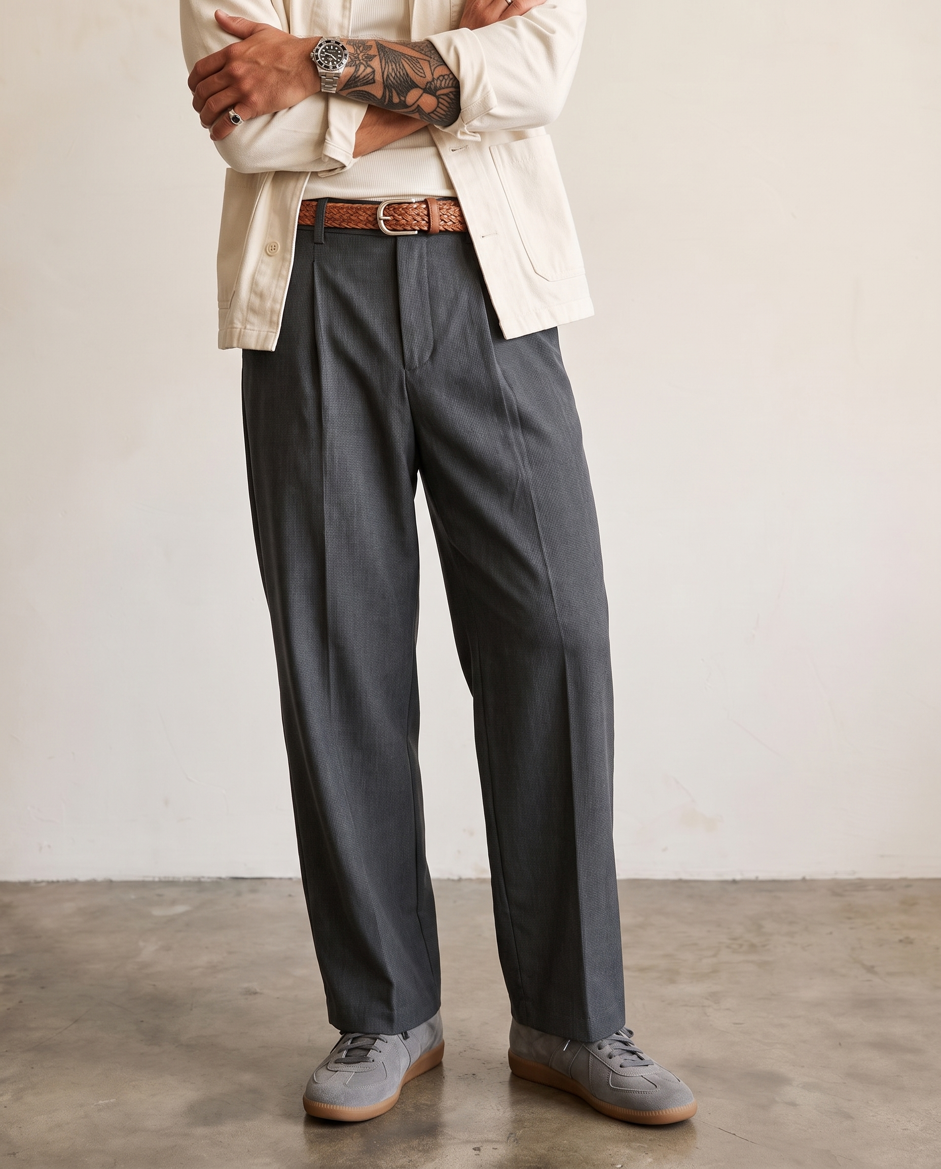 Pleated Suiting Wide-Leg Trousers - Grey