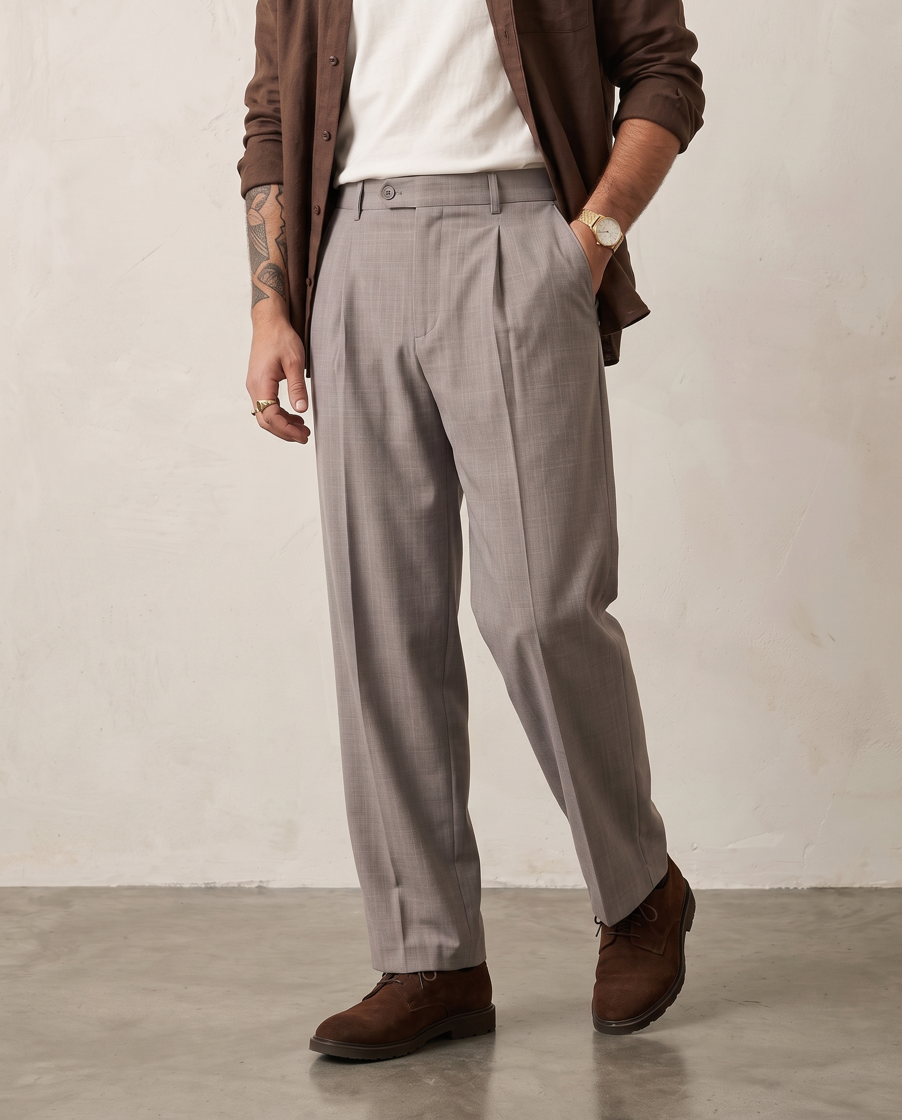 Pleated Suiting Wide-Leg Trousers - Khaki