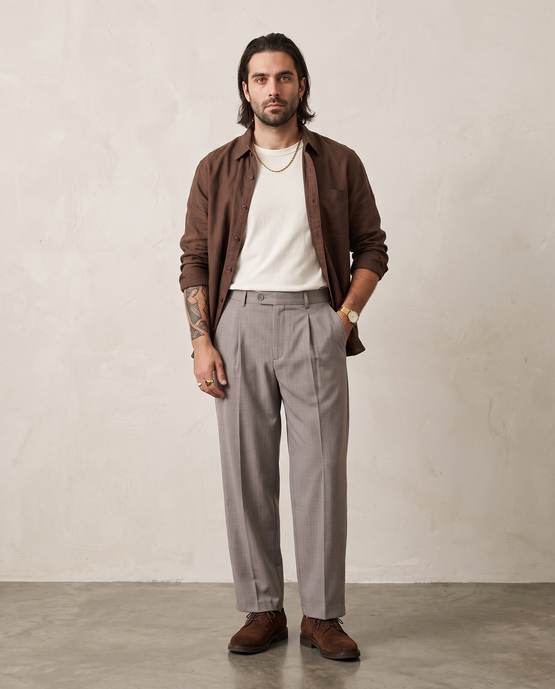 Pleated Suiting Wide-Leg Trousers - Khaki