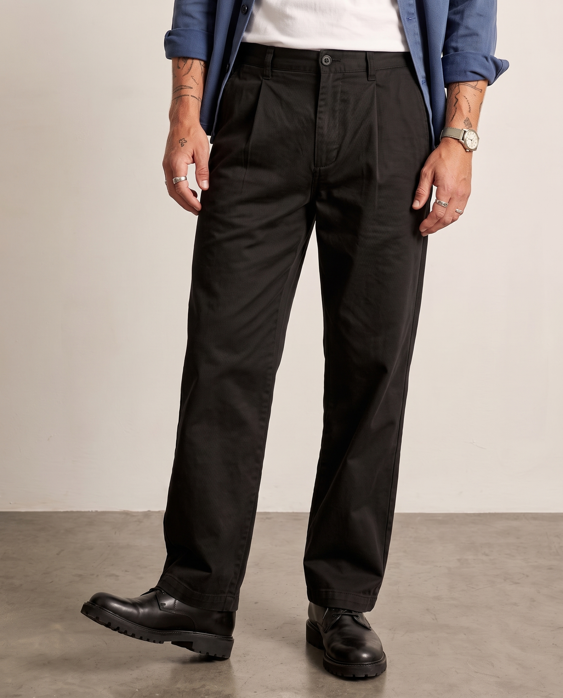 Pleated Cotton Wide-Leg Trousers - Black
