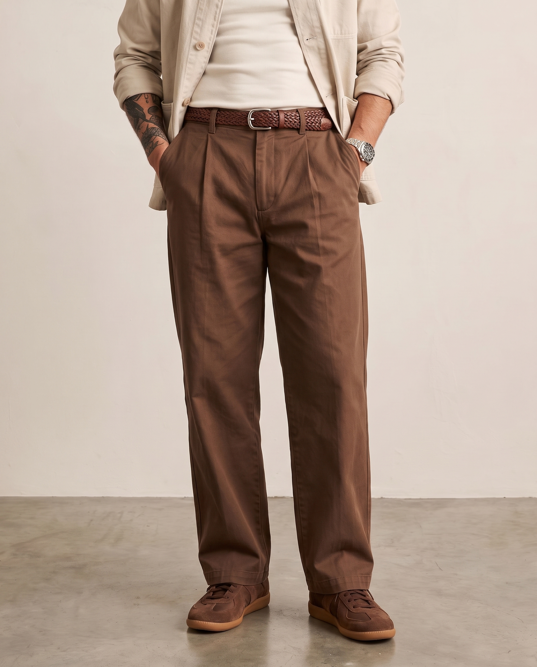 Pleated Cotton Wide-Leg Trousers - Coffee