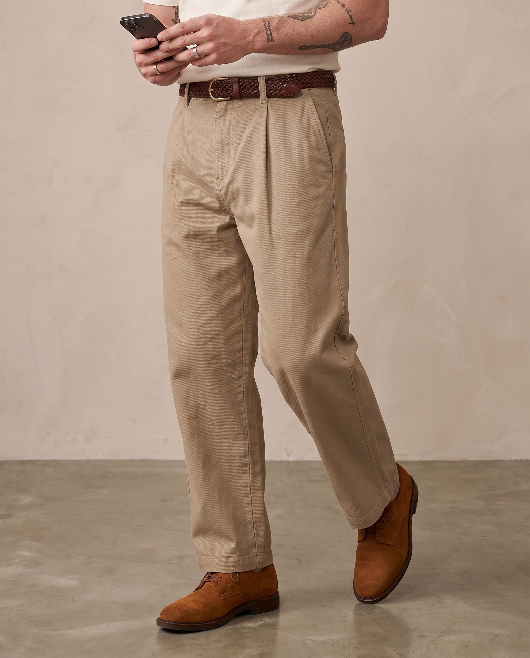 Pleated Cotton Wide-Leg Trousers - Khaki