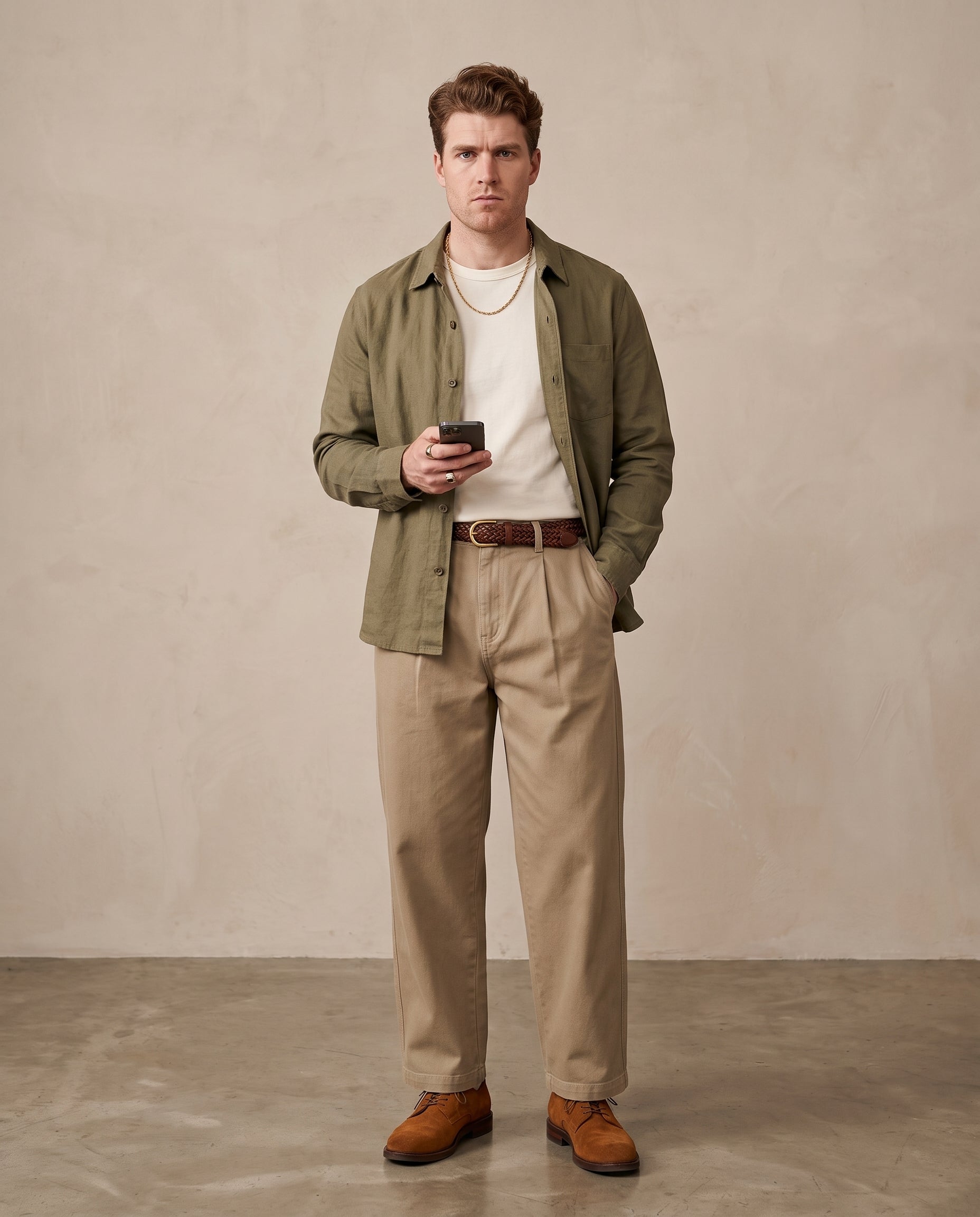 Pleated Cotton Wide-Leg Trousers - Khaki