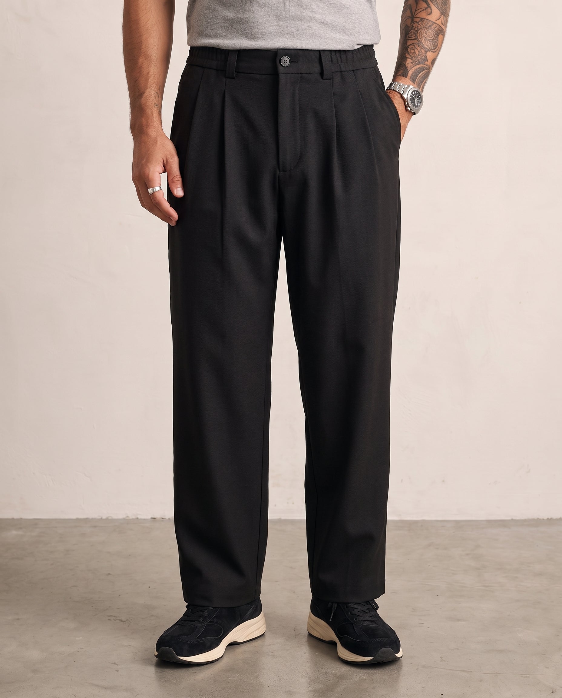 Pleated Heathered Wide-Leg Trousers - Black