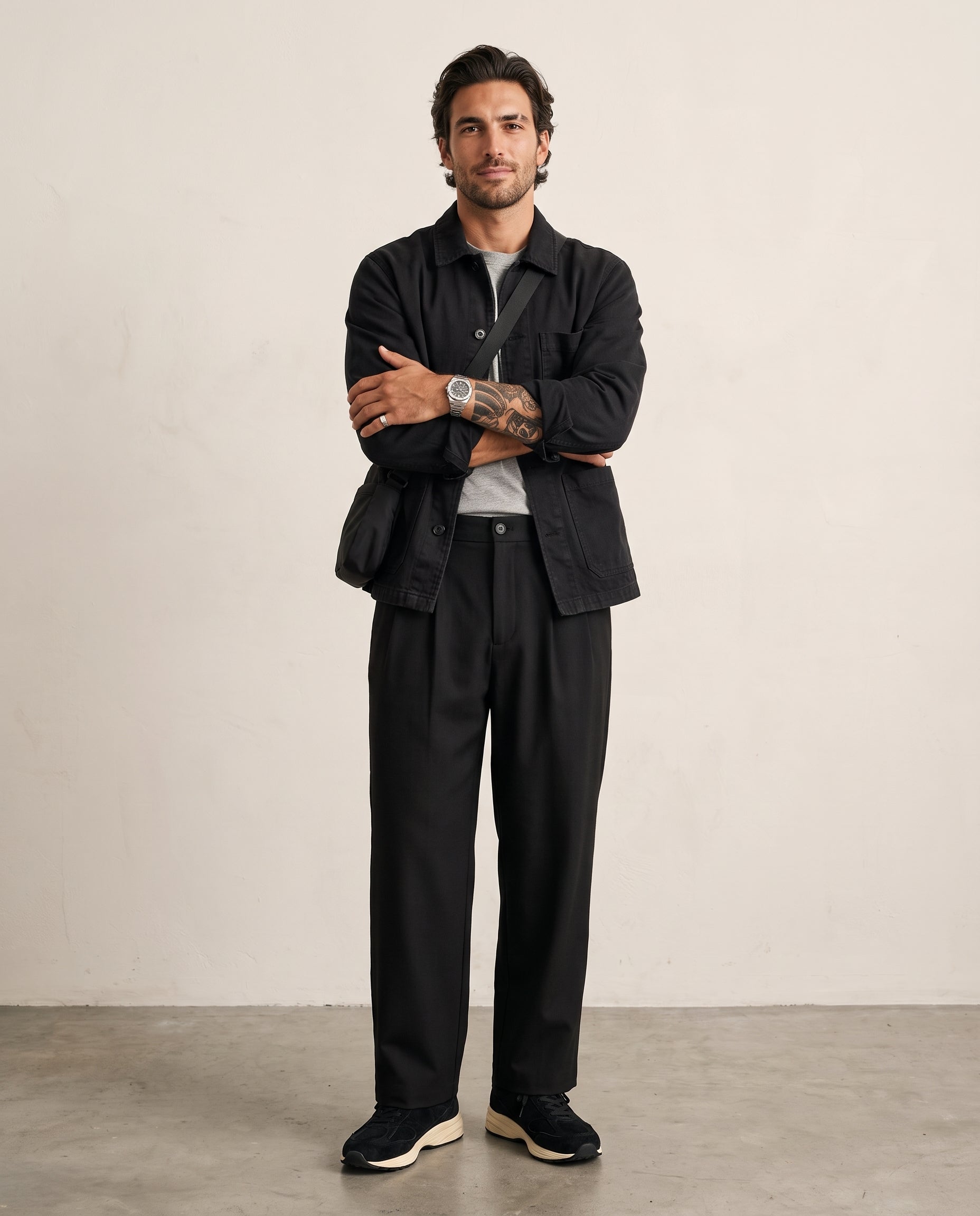 Pleated Heathered Wide-Leg Trousers - Black