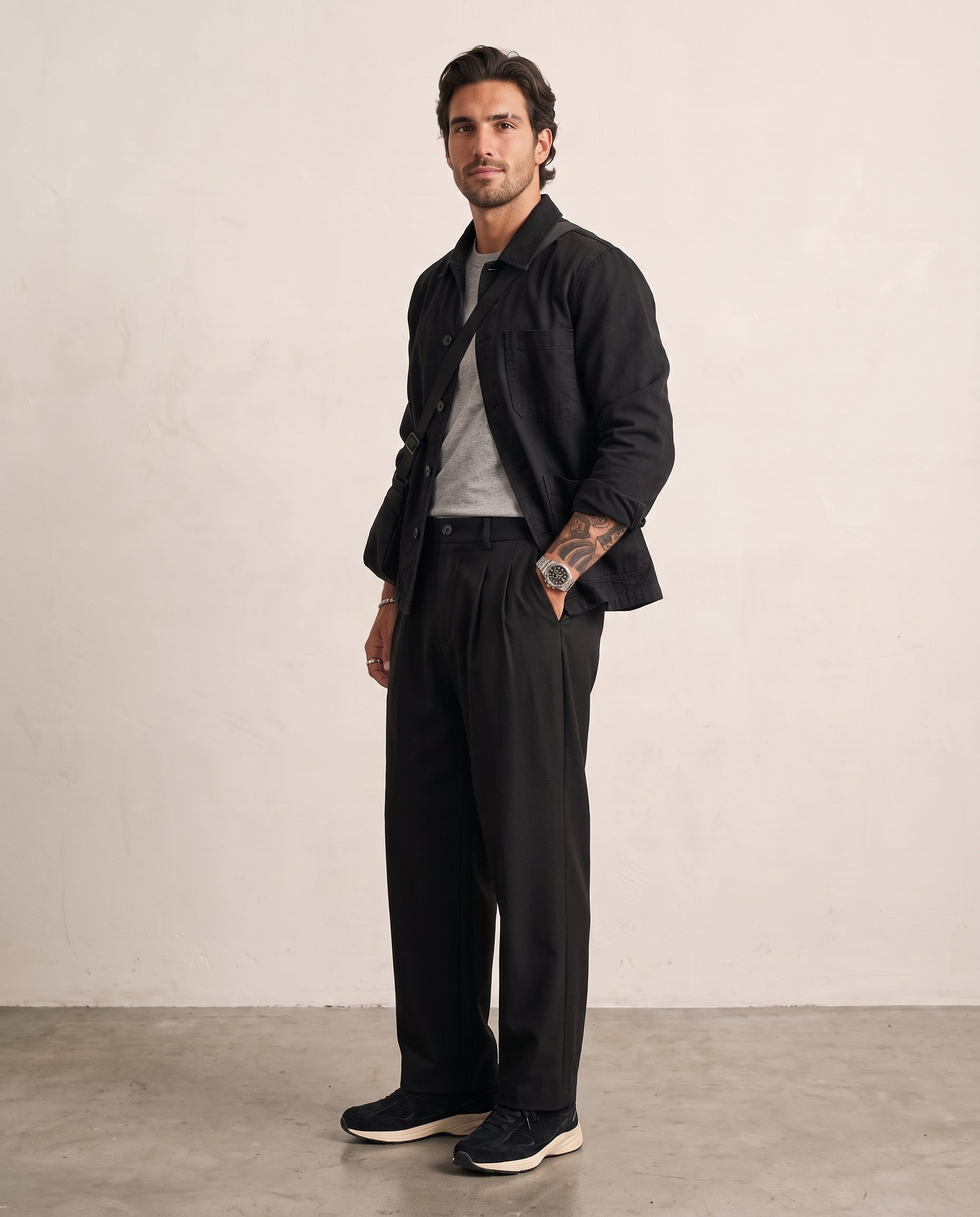 Pleated Heathered Wide-Leg Trousers - Black