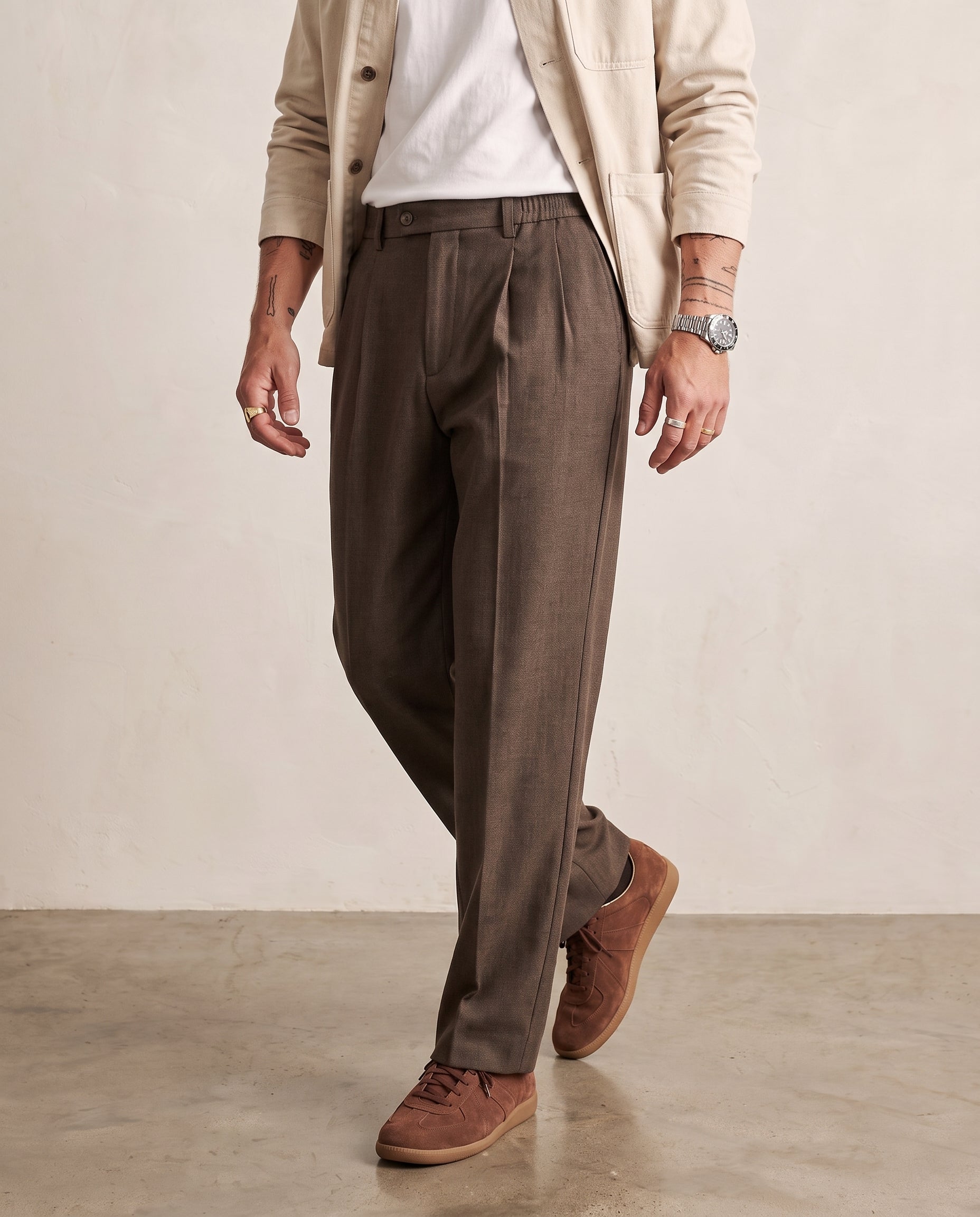 Pleated Heathered Wide-Leg Trousers - Coffee