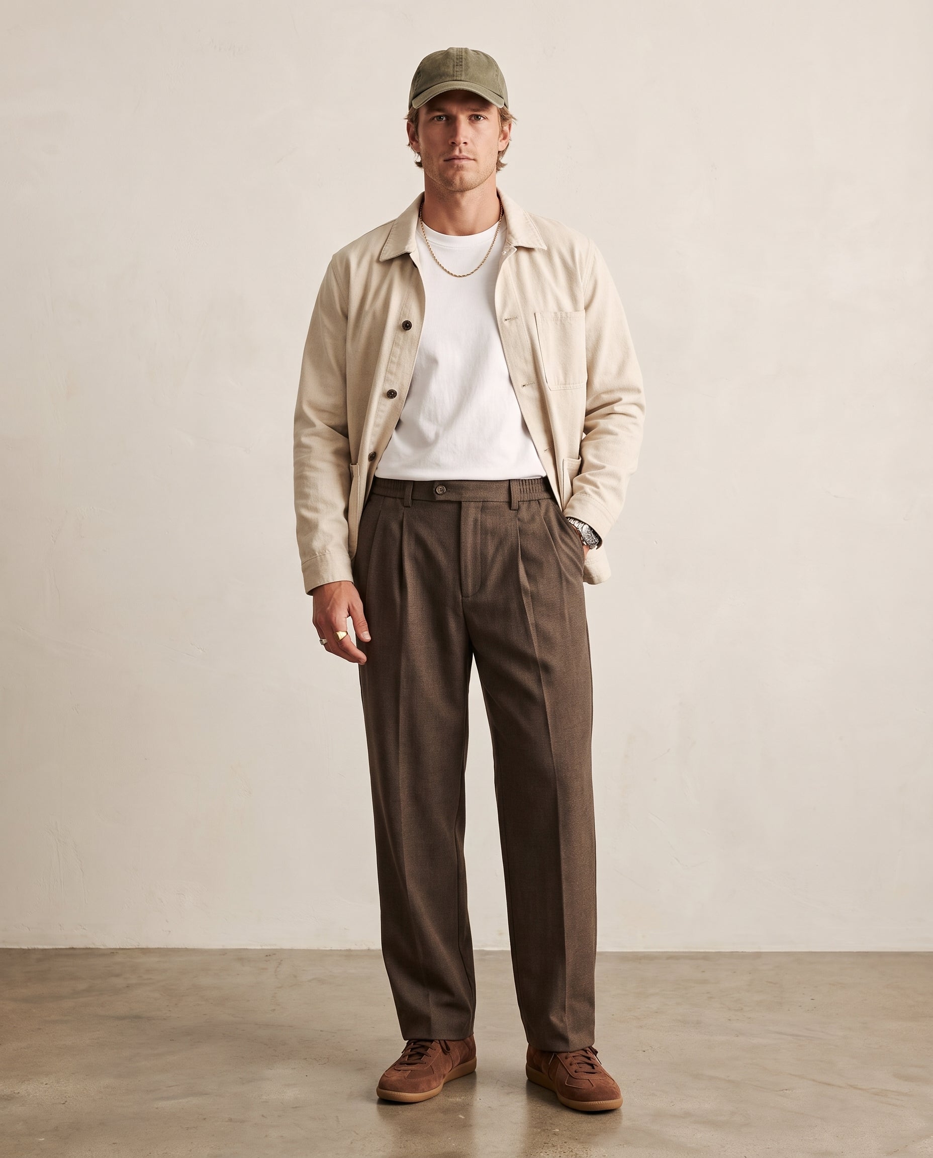 Pleated Heathered Wide-Leg Trousers - Coffee