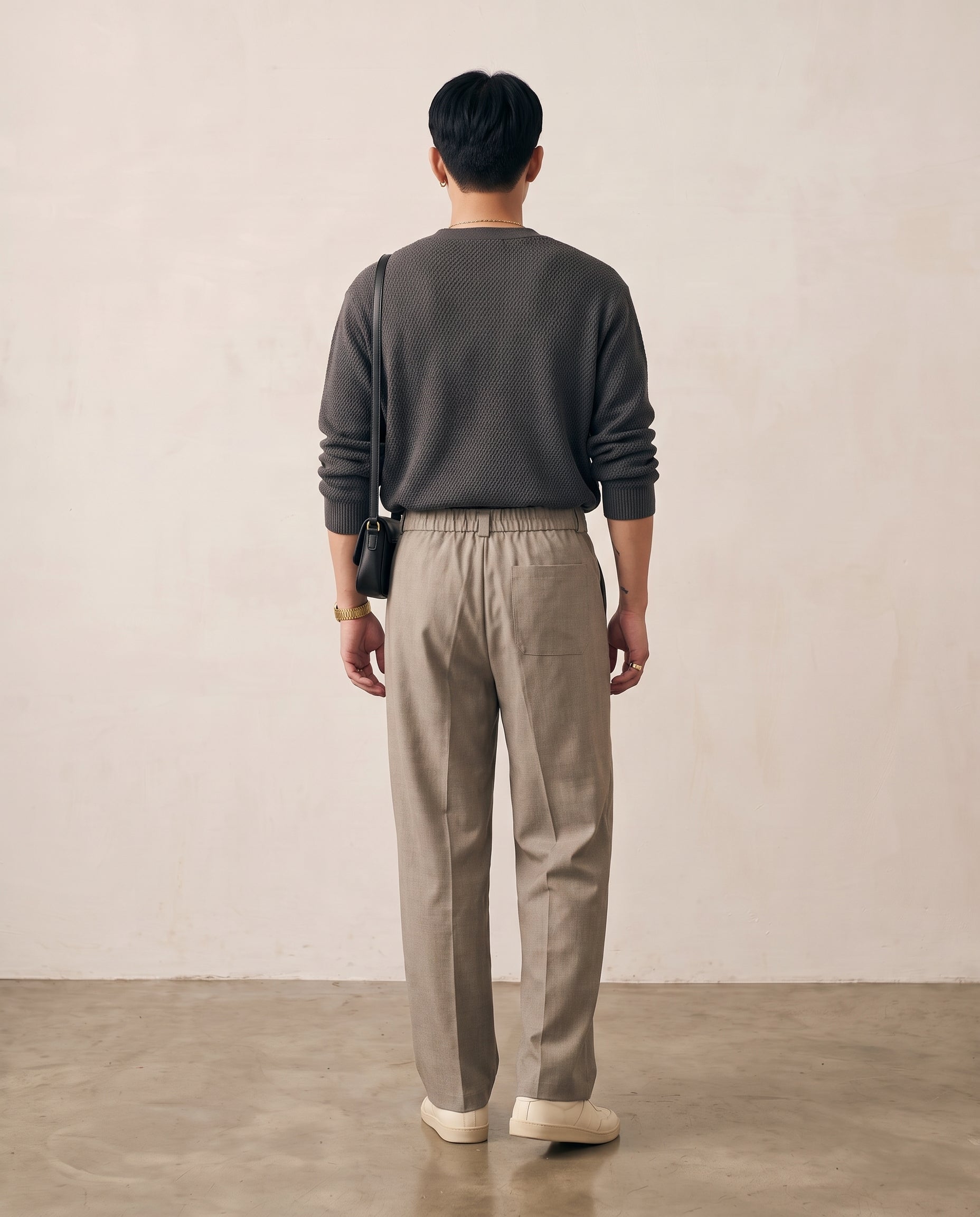 Pleated Heathered Wide-Leg Trousers - Khaki