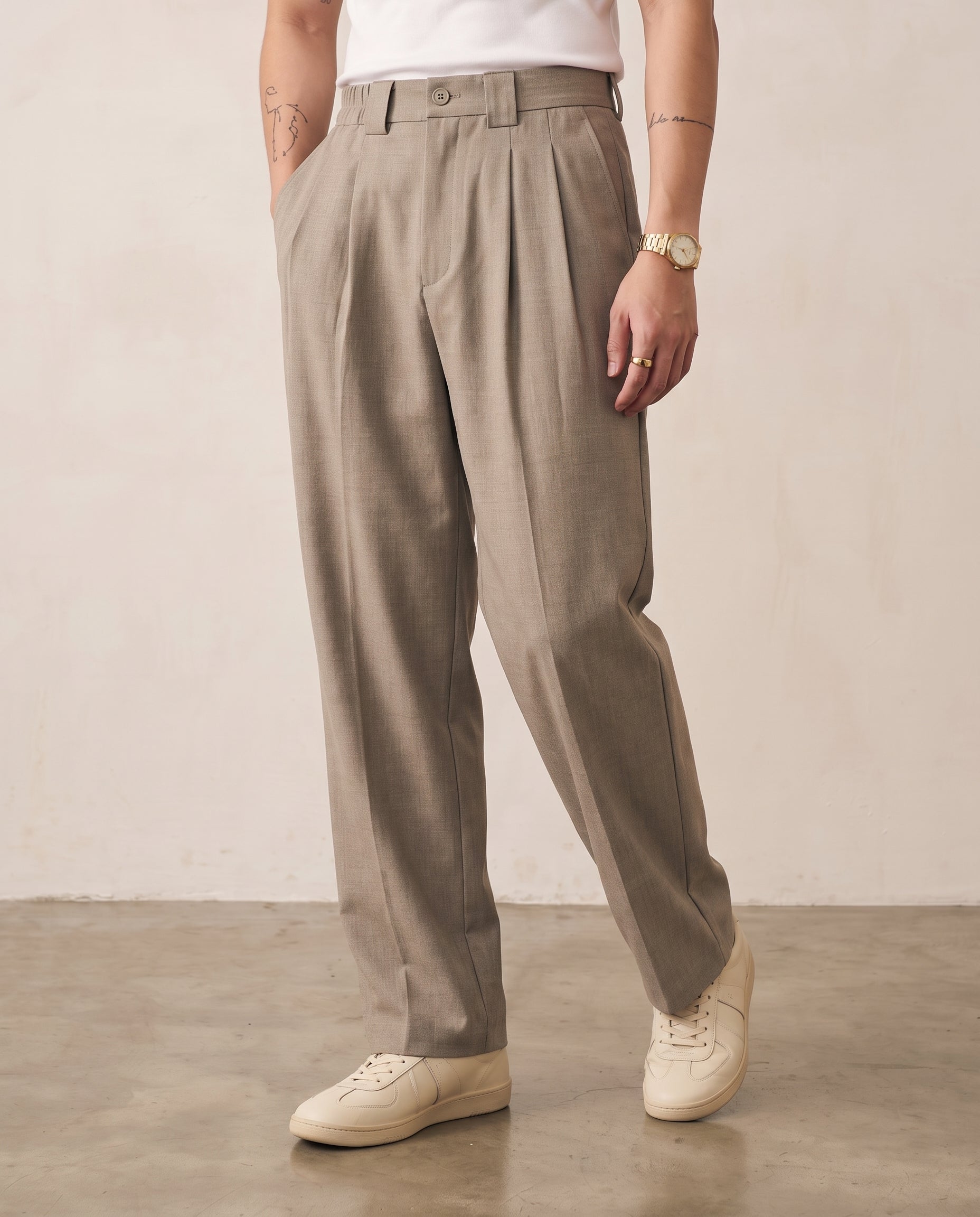 Hipland Pleated Heathered Wide-Leg Trousers Khaki front