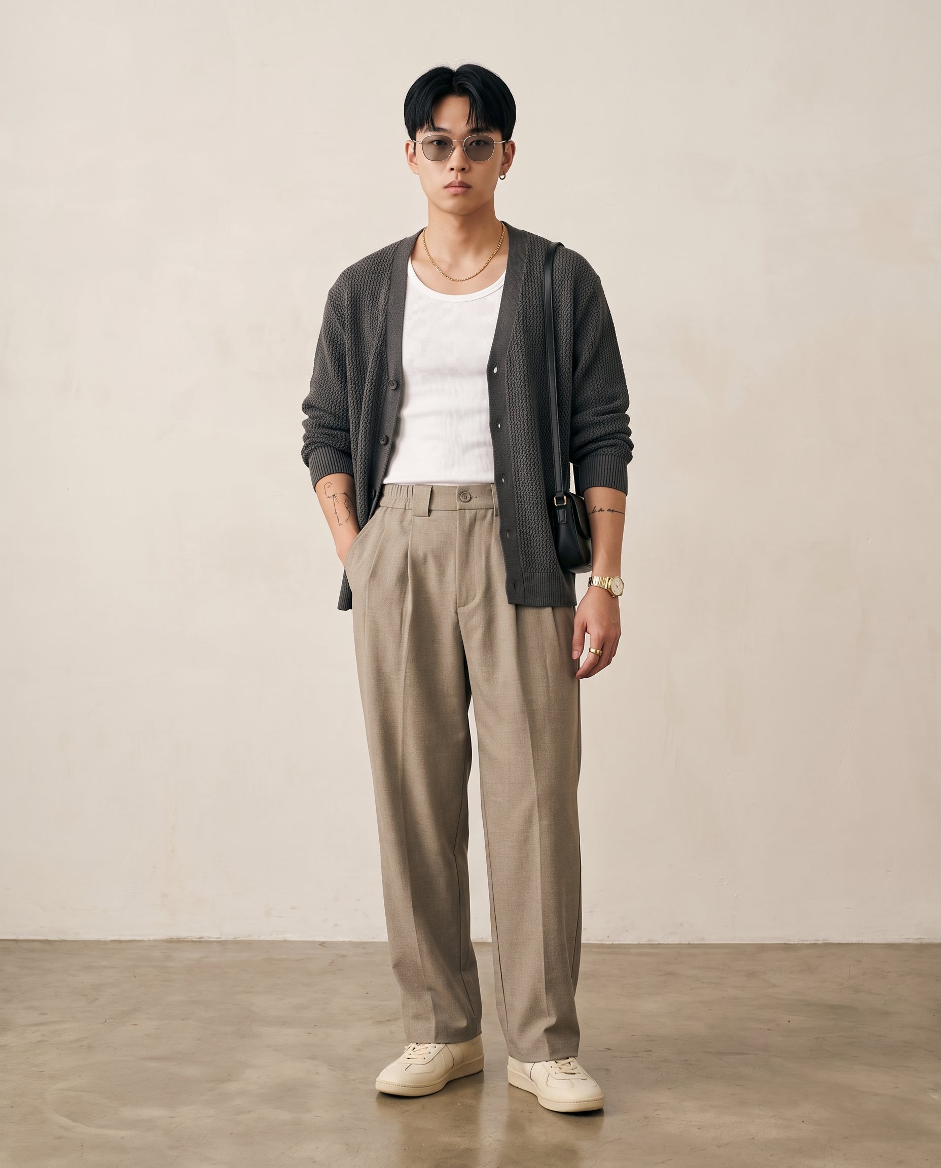Pleated Heathered Wide-Leg Trousers - Khaki