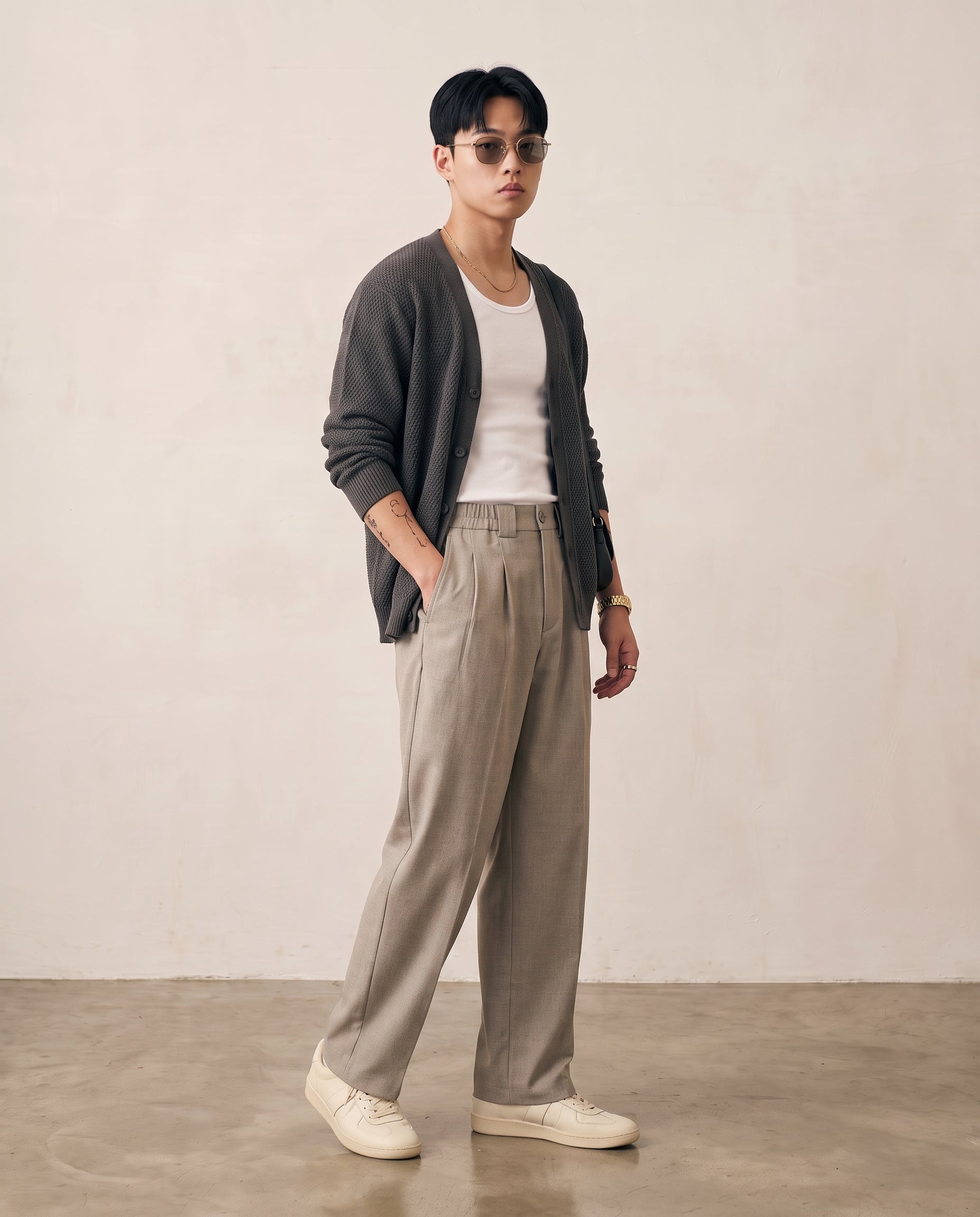 Pleated Heathered Wide-Leg Trousers - Khaki