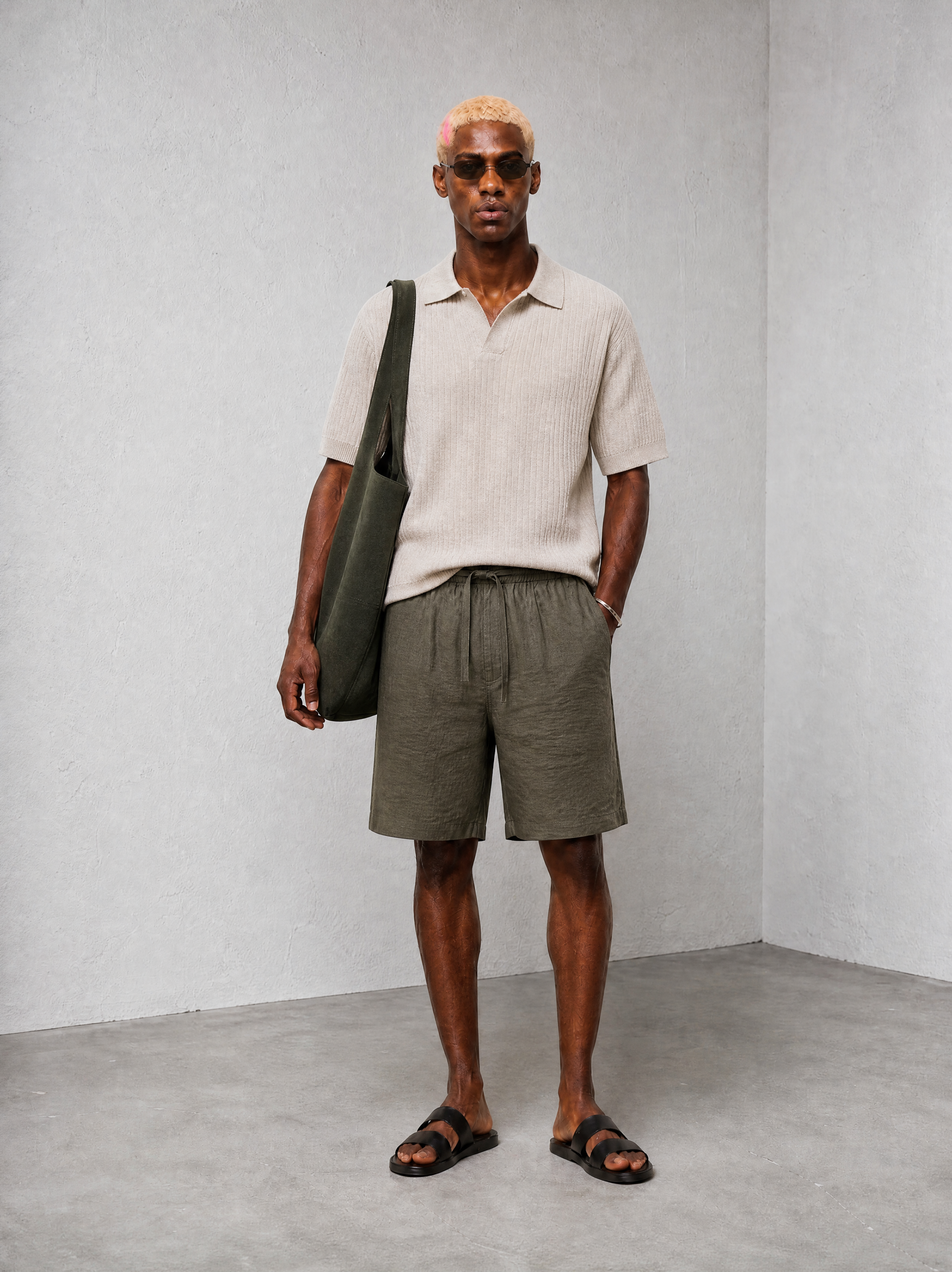 Relaxed Linen Shorts - Olive - front view