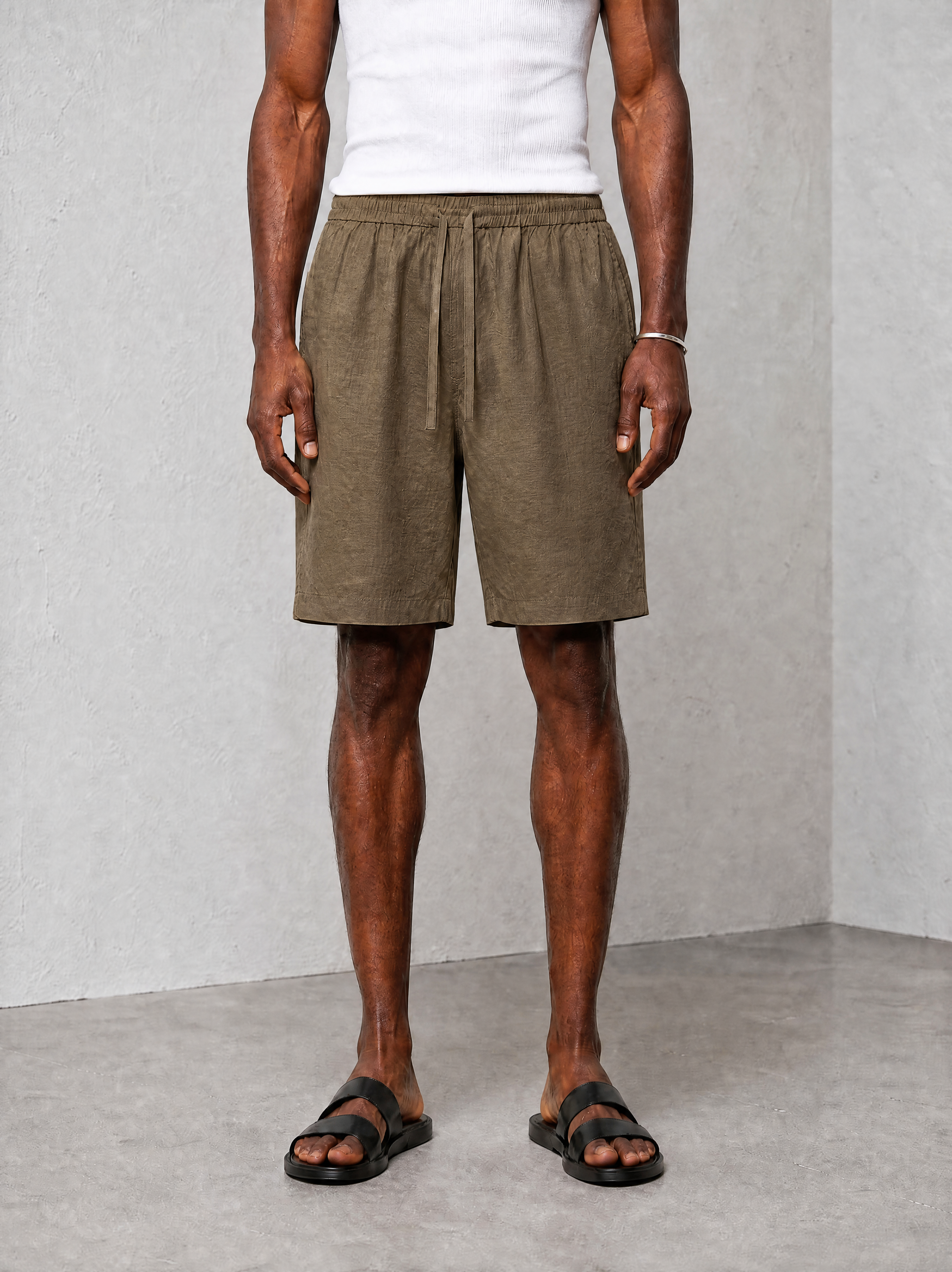 Relaxed Linen Shorts - Olive - front view