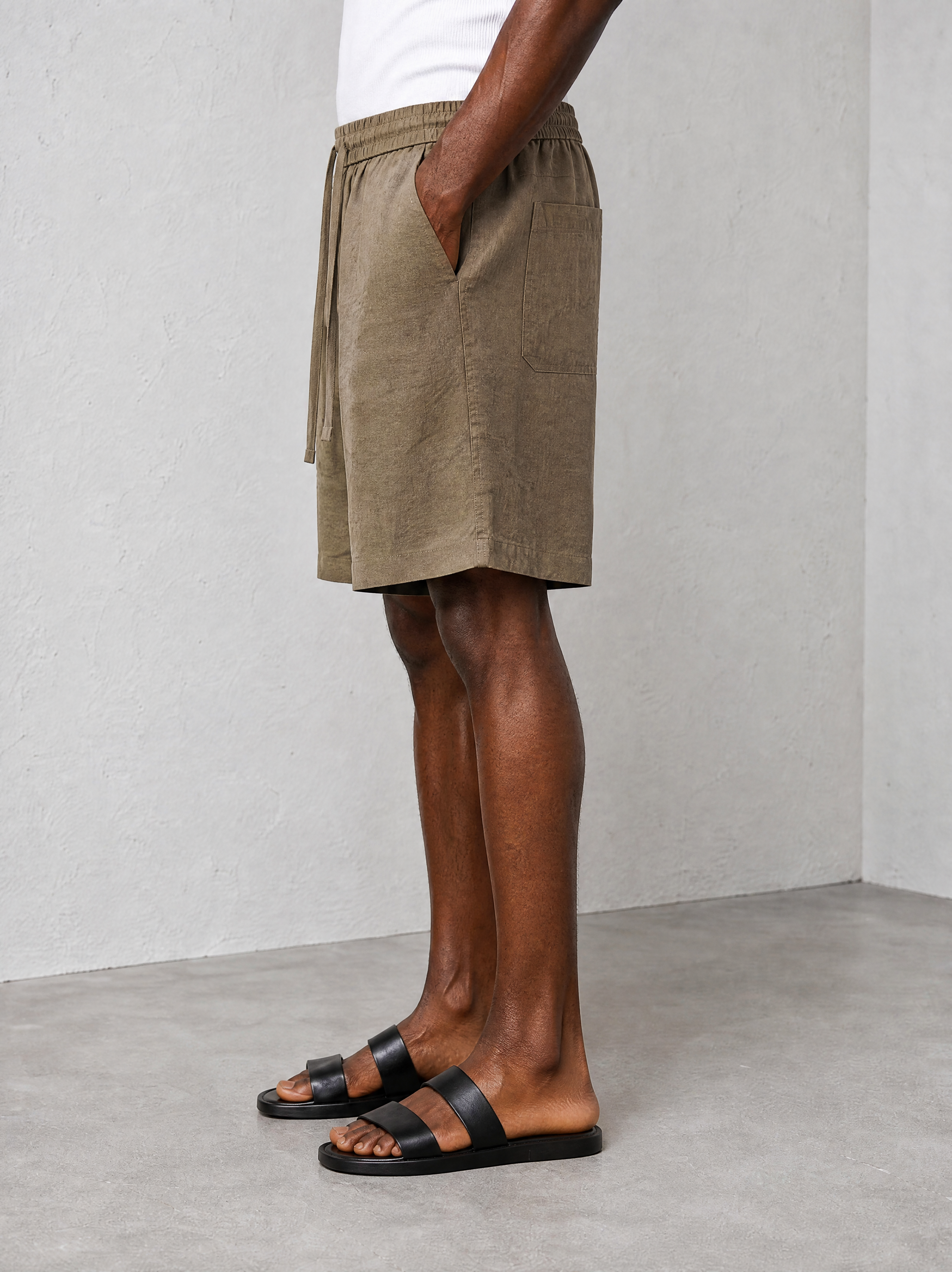 Relaxed Linen Shorts - Olive - side view
