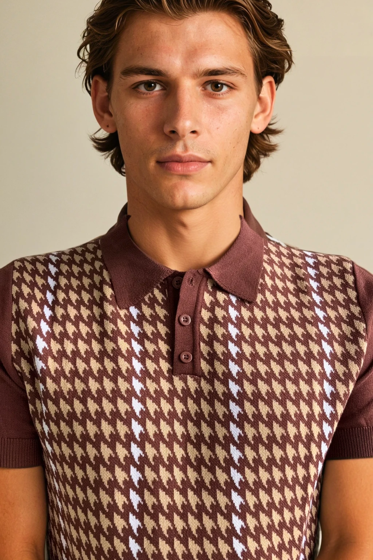 Houndstooth Knit Polo - Brown Check