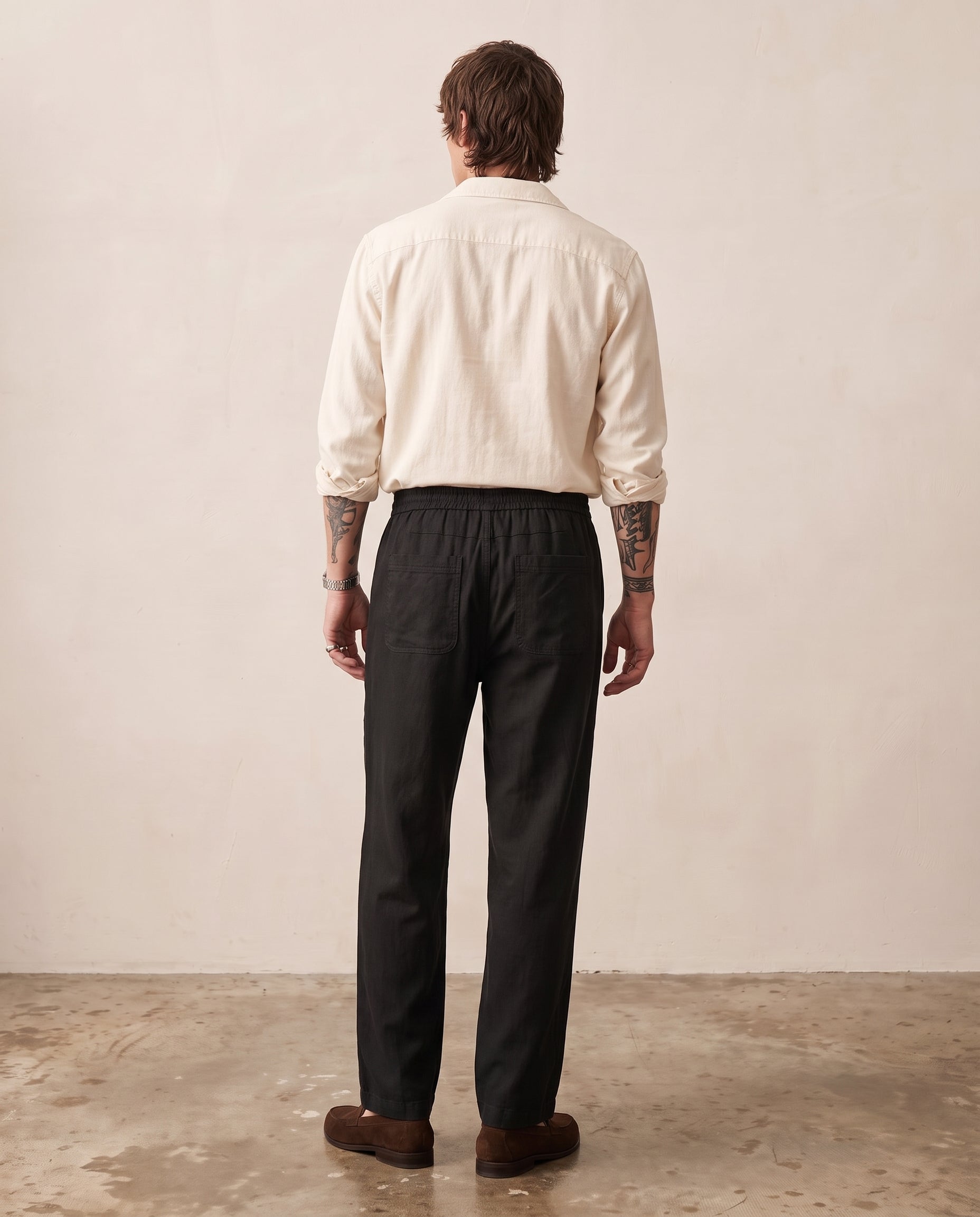 Lyocell-Linen Drawcord Trousers - Black