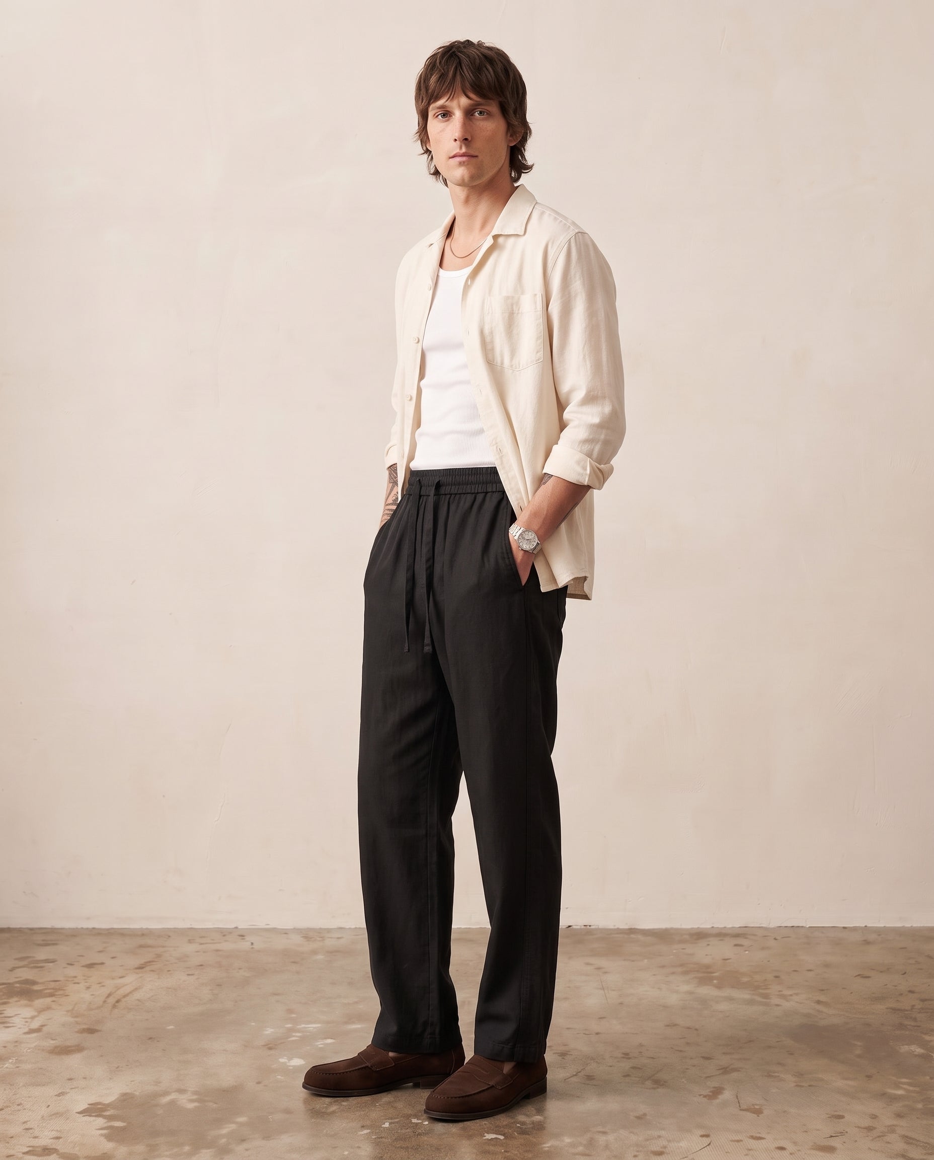 Lyocell-Linen Drawcord Trousers - Black