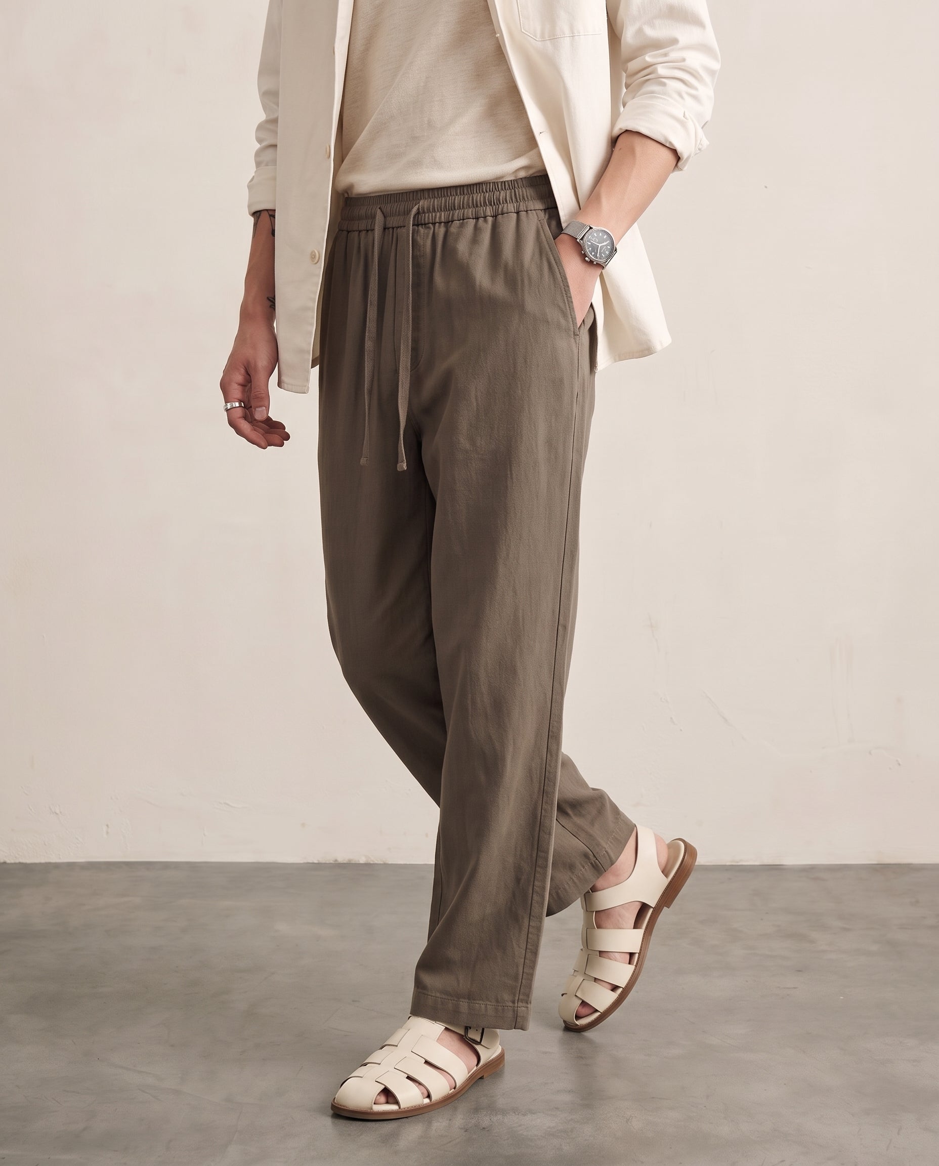 Lyocell-Linen Drawcord Trousers - Coffee