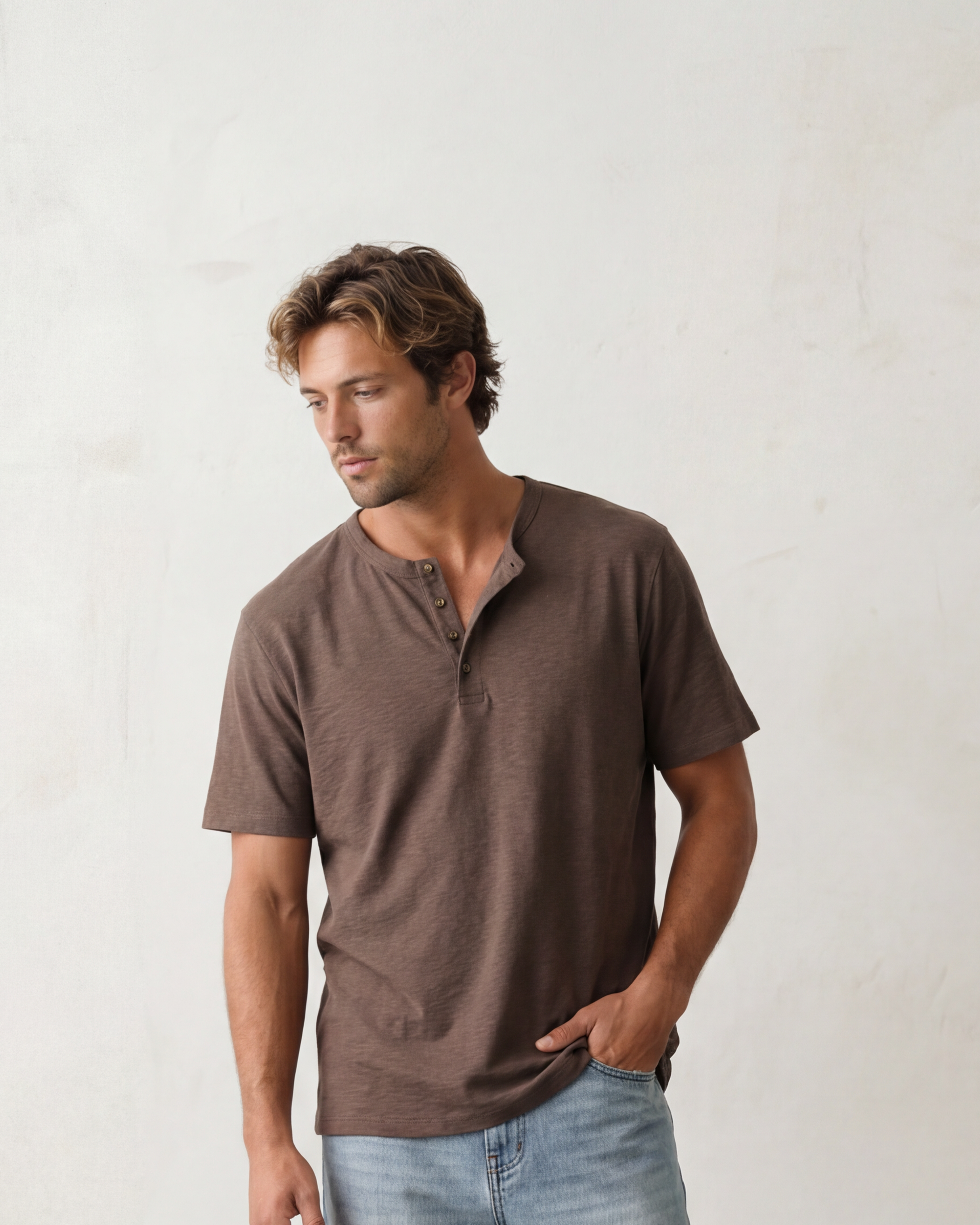 Relaxed Henley Tee - Coffee