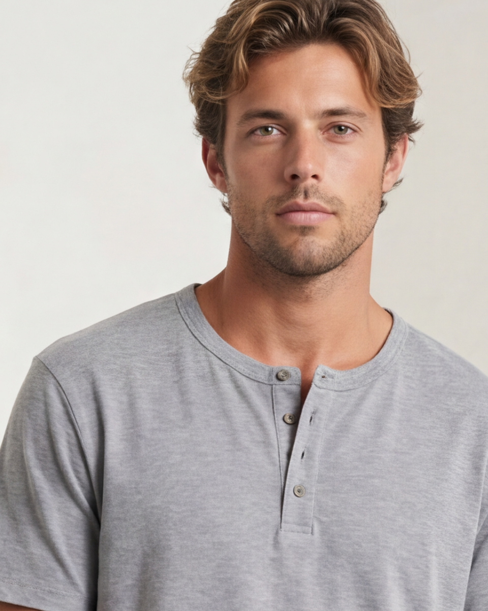 Relaxed Henley Tee - Heather Grey