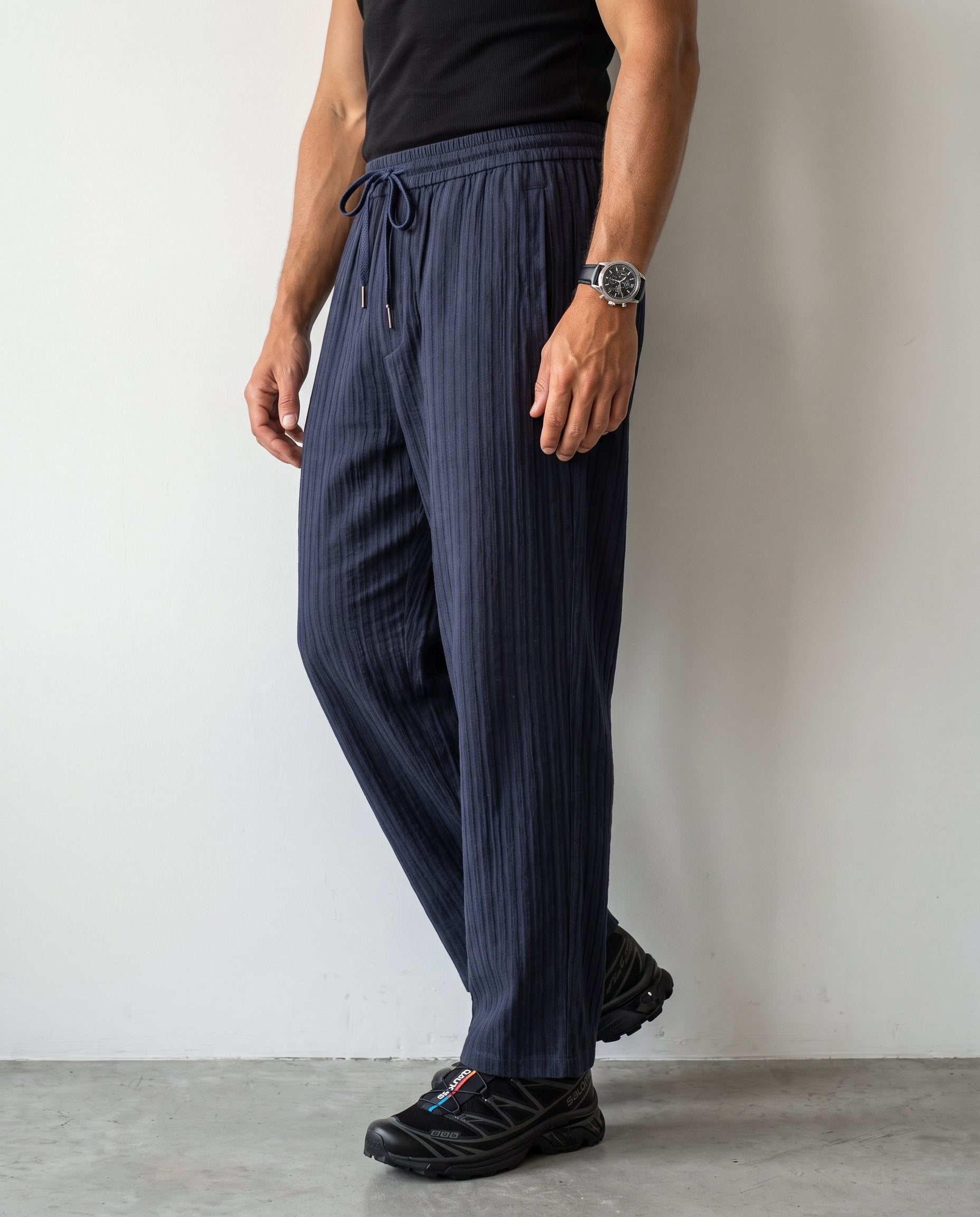 Textured Wide-Leg Trousers - Deep Treasure Blue