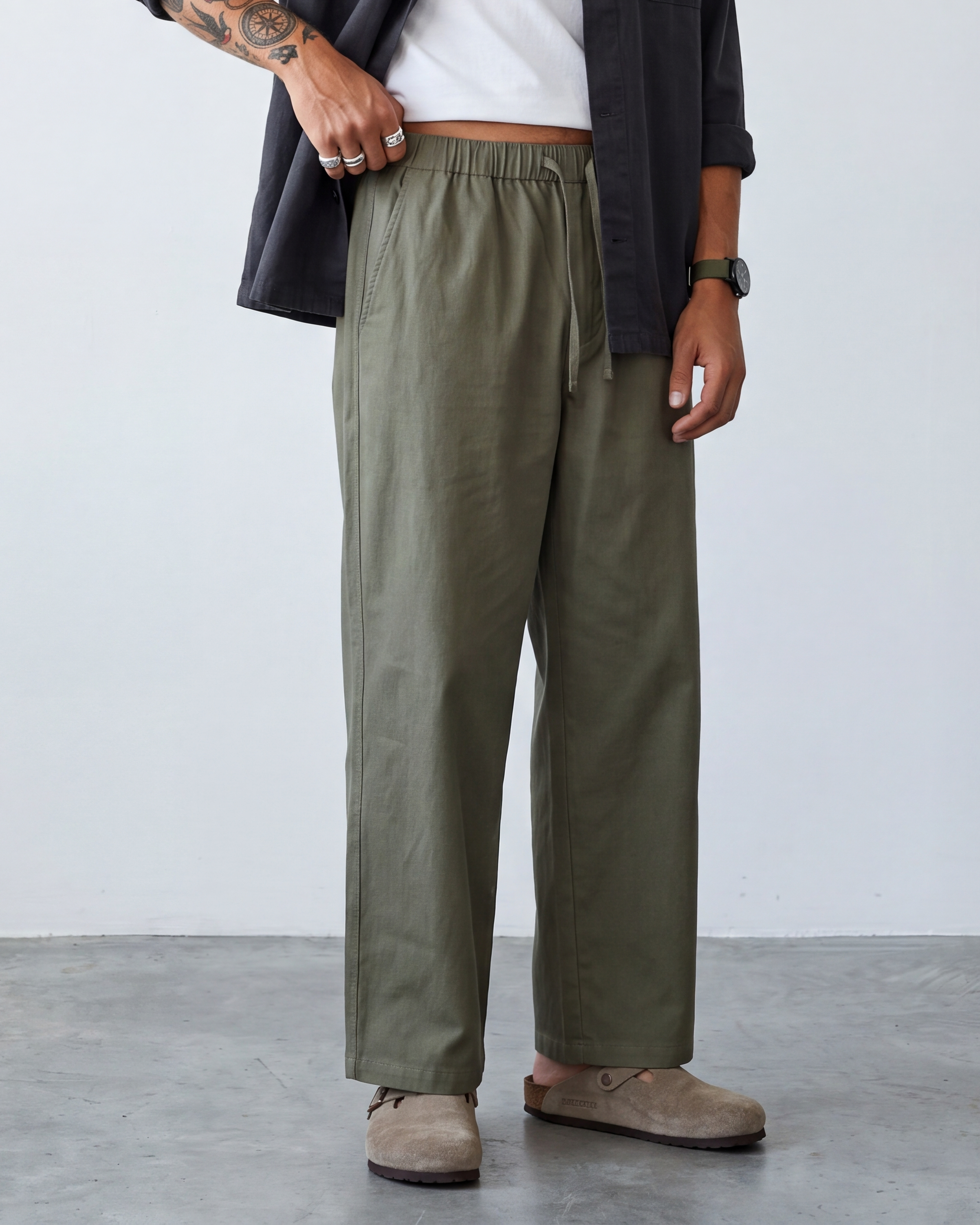 Wide-Leg Elastic Trousers - Army Green