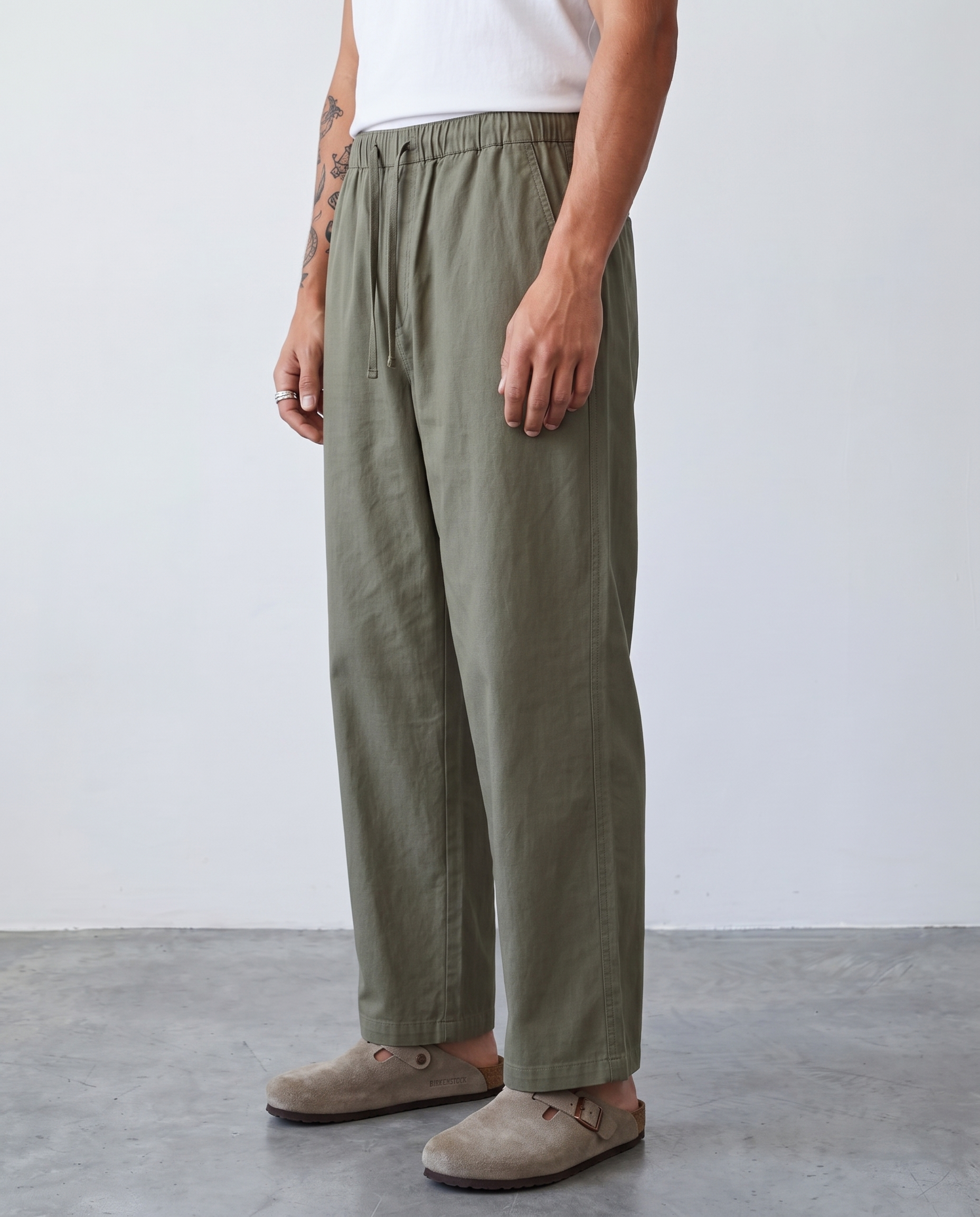 Wide-Leg Elastic Trousers - Army Green
